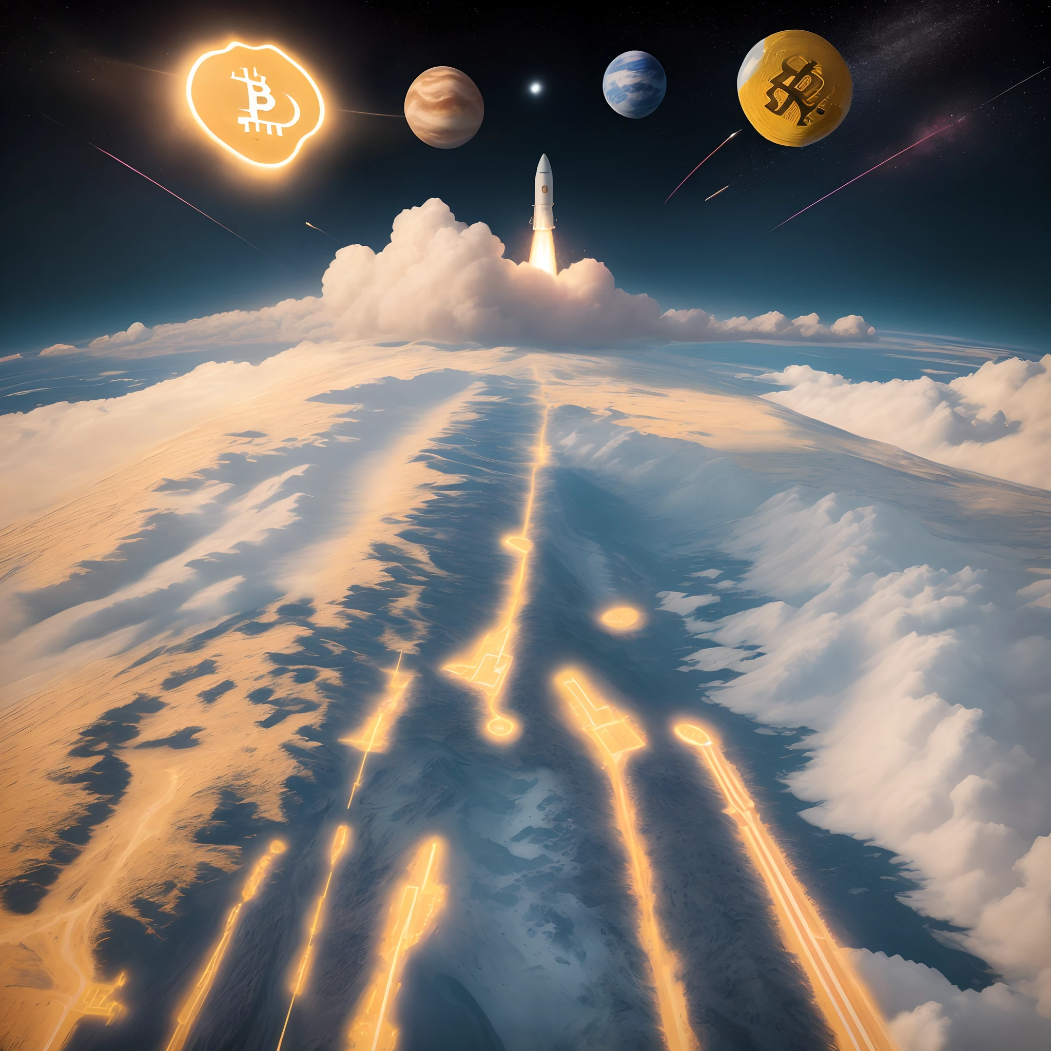Poster design,Rocket launch scene,Starry sky planets added to background,with Bitcoin logo Use the printmaking style,4k,exquisitedetails