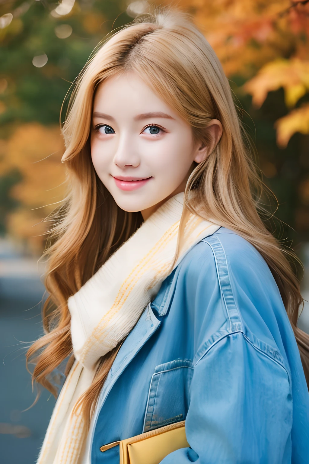 top-quality、​masterpiece、(Photorealsitic:1.4)、1girl in、smile eyes、(ulzzang -6500-v1.1:1.0)、Golden hair、blue eyess、18year old、Beautuful Women、女優、Autumn clothes、