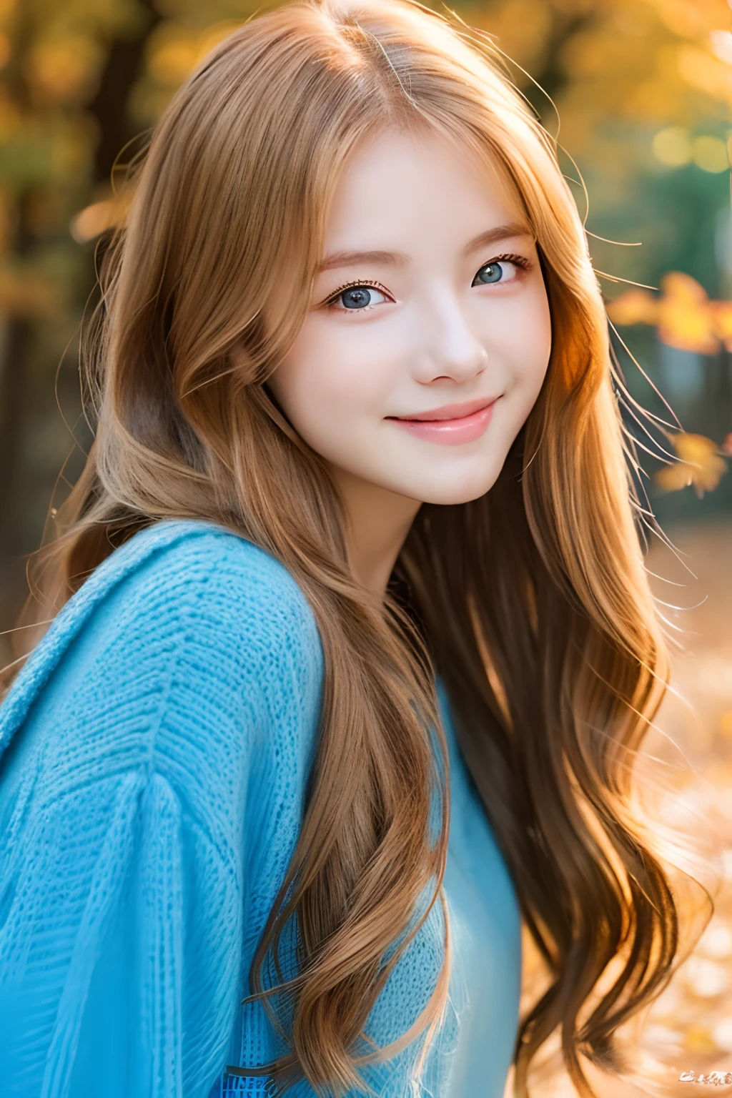 top-quality、masterpiece、(Photorealsitic:1.4)、1girl in、smile eyes、(ulzzang -6500-v1.1:1.0)、Golden hair、blue eyess、18year old、Beautuful Women、女優、Autumn clothes、