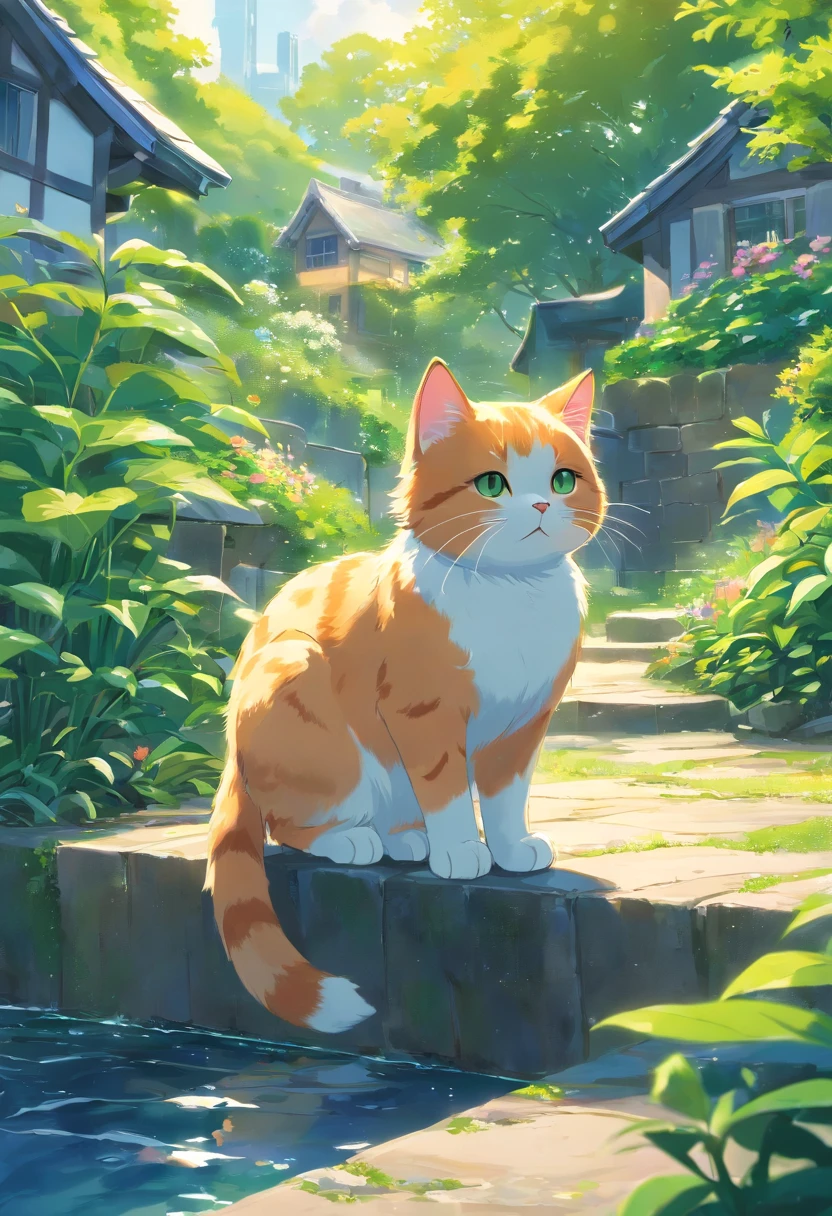 Close-up, Scottish folding cat, adolable, trpical garden.Small streams., There are houses in the distance.