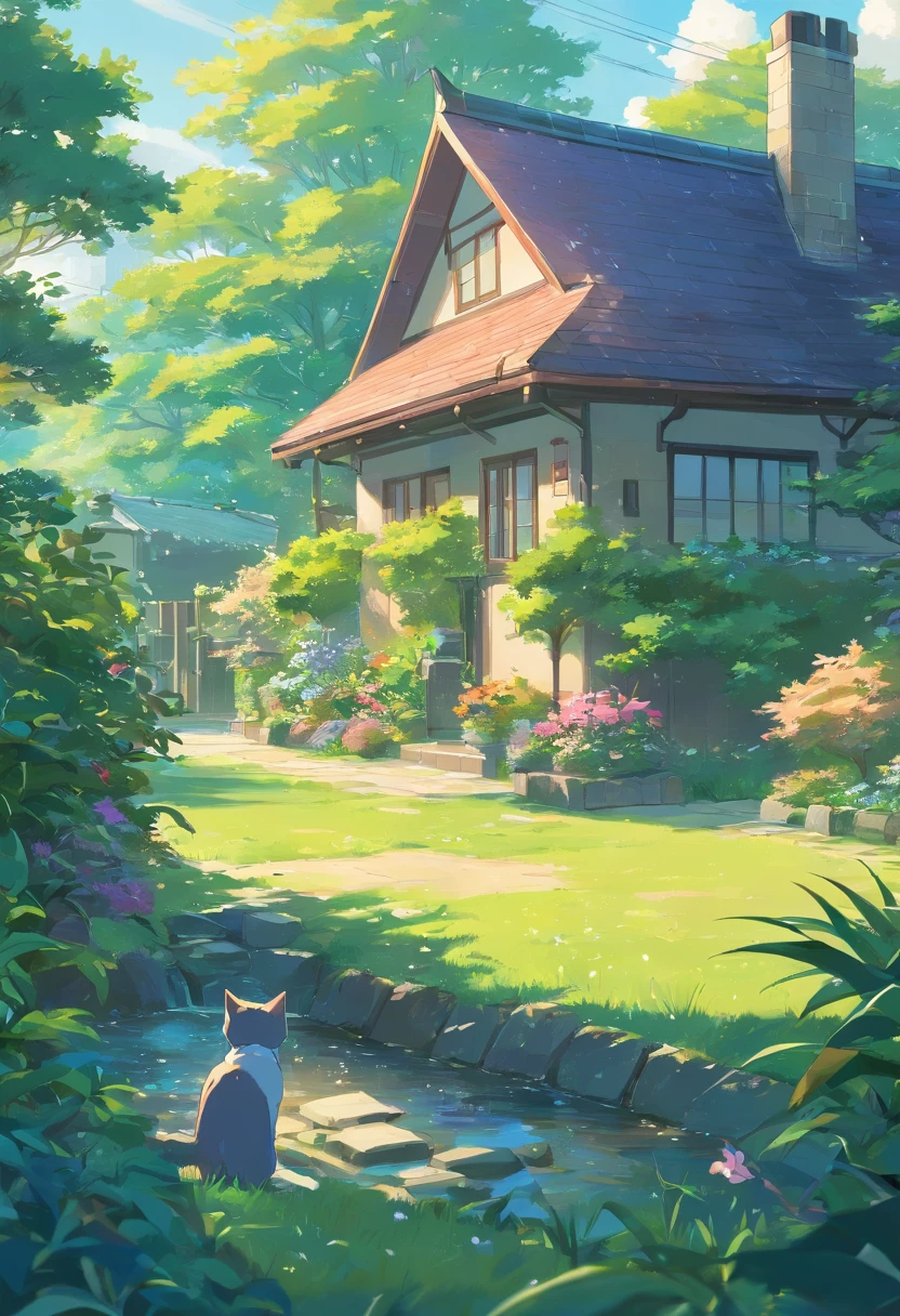 A cat sitting in the grass near a house in the woods - SeaArt AI
