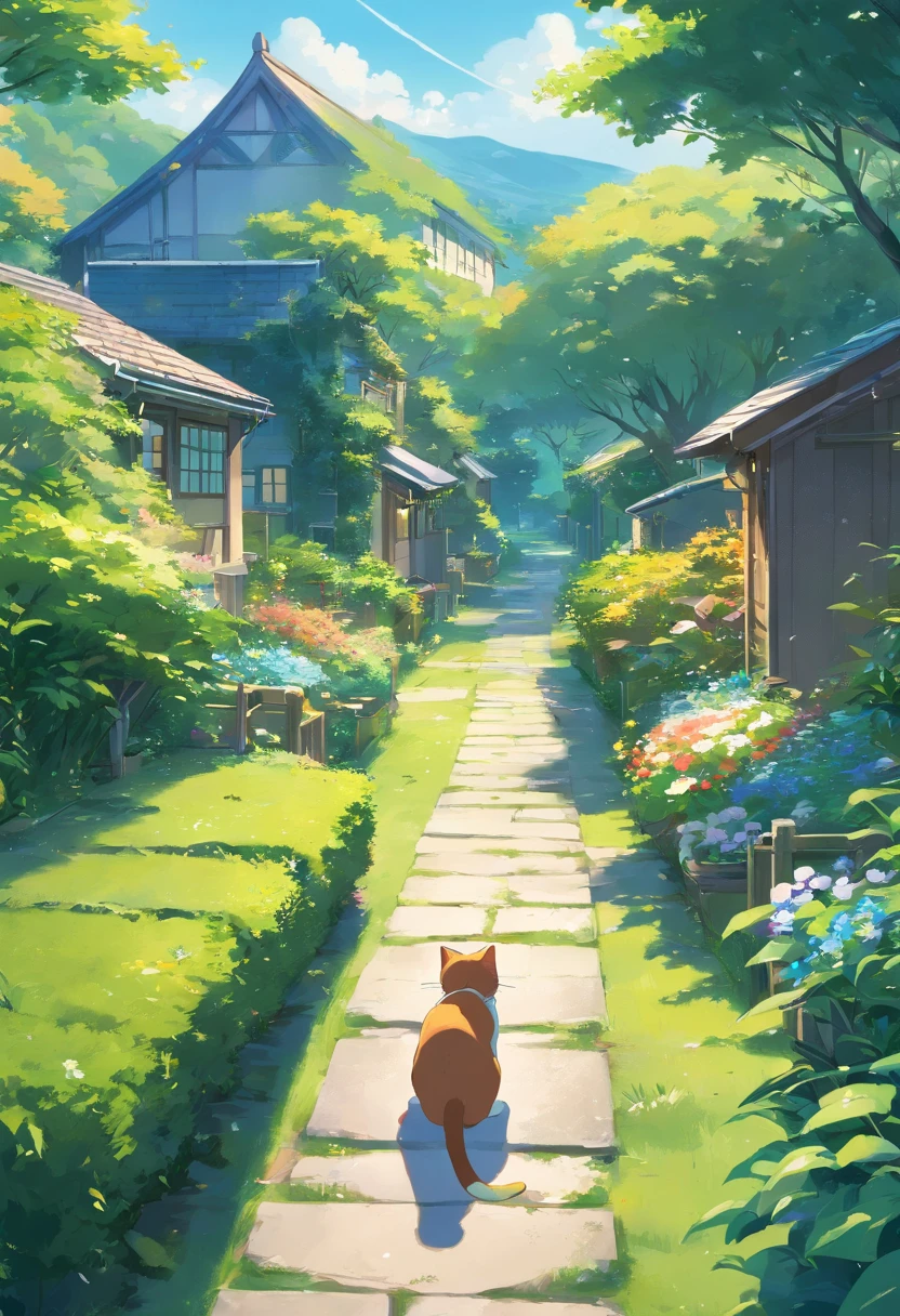 Close-up, Scottish folding cat, adolable, trpical garden.Small streams., There are houses in the distance.