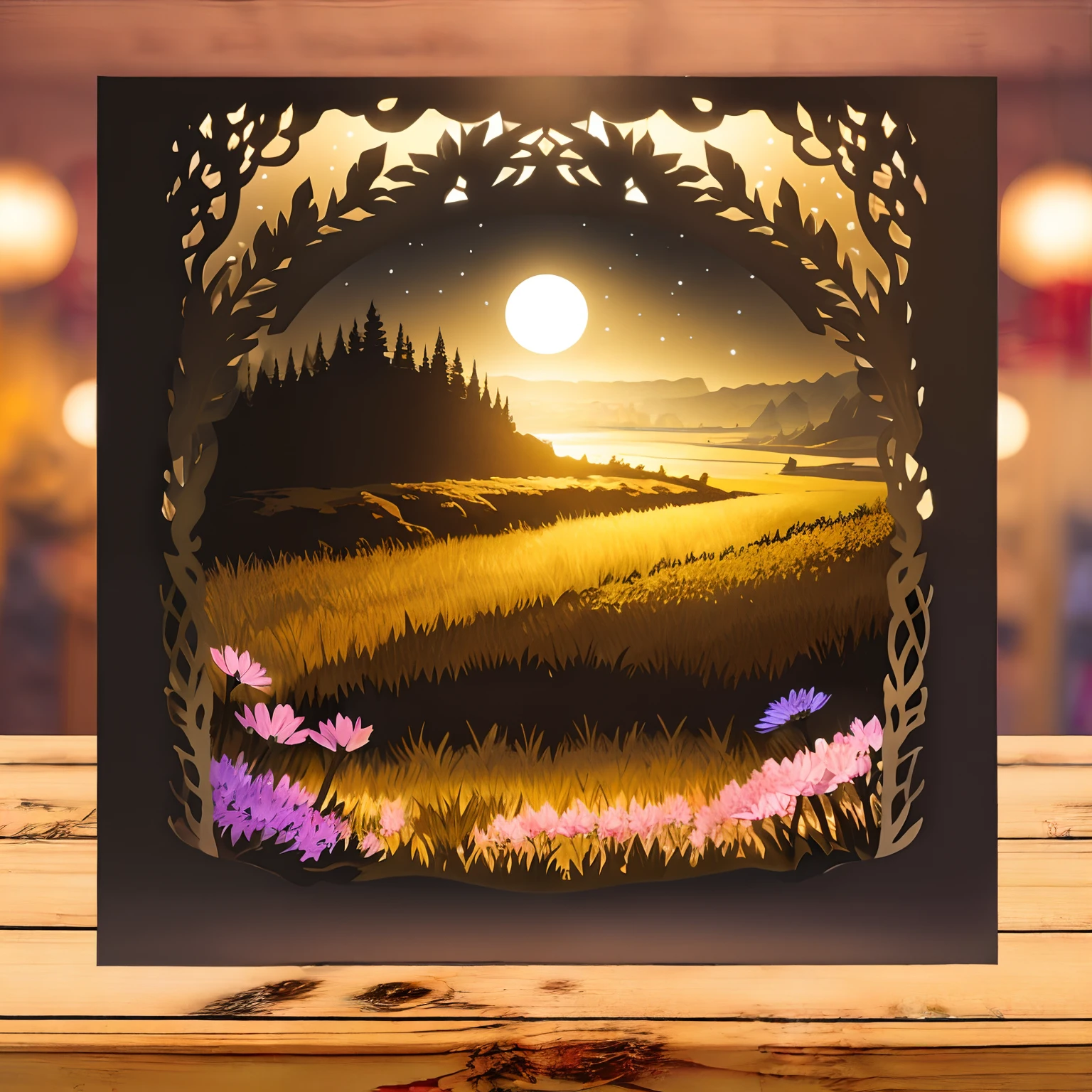 paper-cut art, quay, sea, grassland, flowers