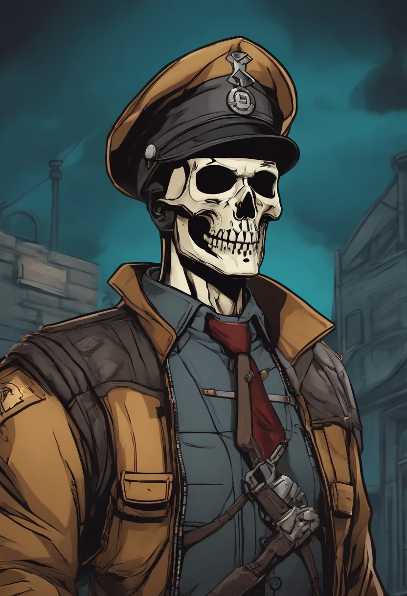 portada de comic, A cartoon character of a man wearing a skull mask and dressed in NAZI army clothing and with a beret on his head, foto de perfil 1024px, Borderlands art style, Estilo Borderlands 3, Aetherpunk realista, valve, Estilo Borderlands, Estilo de arte Duke Nukem, eldritchpunk, muscular! cyberpunk, Imagen de avatar, foto de perfil, Viejo ciberpunk, Foto de perfil, Imagen de perfil