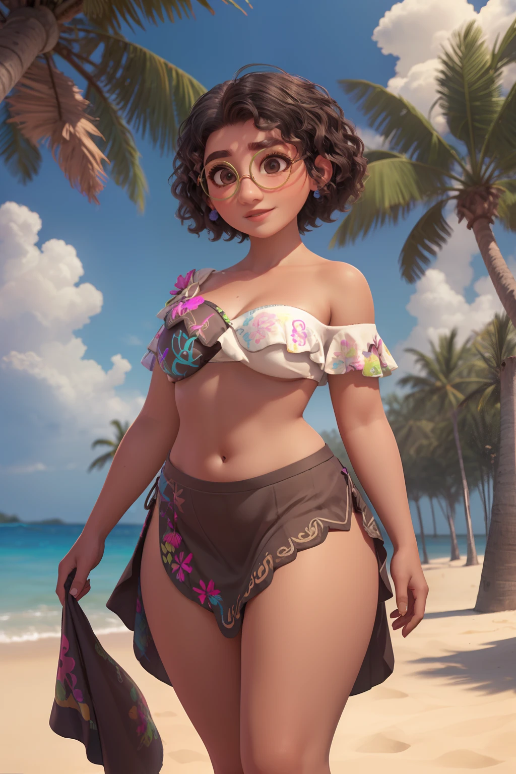 mirabel madrigal, wearing a glasses, smile, ((strapless bikini)), beach background, (((wrap skirt))), (((brown skin))), detailed skin, perfect legs, perfect thighs, (((curvy body)))