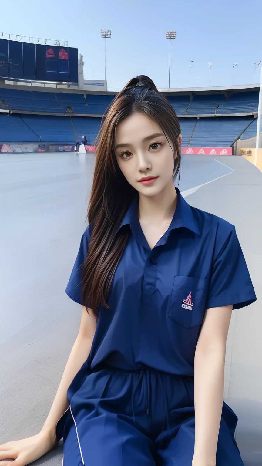(bestquality,10,10,highres,masterpiece:1.2),ultra-detail,(Realistic,photorealistic portrait,photo-realistic:1.37),1 cute girl sitting on the football field,oily shiny skin,bara,light smile,BDclothes,((blue shirt:1.3)),short sleeves,shirt, trousers.,(navy_long_Pants Track:1.1), ((Stadium Background:1.3)),dynamic angle,excited,face focus,Dynamic Poses,from behide,Ass Focus,masterpiece, bestquality, ultra realistic, hyper-detail, 8k resolution, RAW photo, crisp focus, ((Navy blue shirt:1.1)), short sleeves, Long Path, Perfect body, 2 mature women, 18yo, cinematic light,Blue sweatpants,Gymware,Correct anatomy,Complete body, Correct body, sharp face, Anatomically correct body, full entire body, Realistic gestures, long-haired, Realistic poses,Wear long shorts.................,Long leg span,Shapely,Sculpting Girl, Slender Figure, mannequin mannequins, Shapely, Beautiful body,Blue sweatpants,Sit on your side.,On my side...,Seated