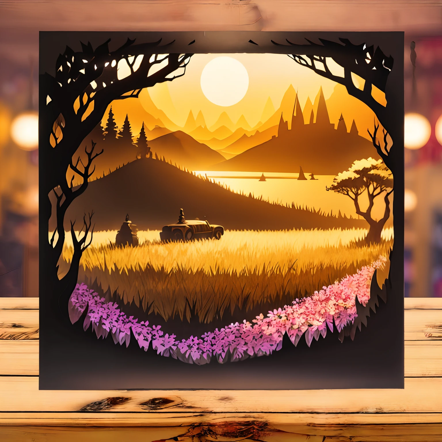 paper-cut art, quay, sea, grassland, flowers