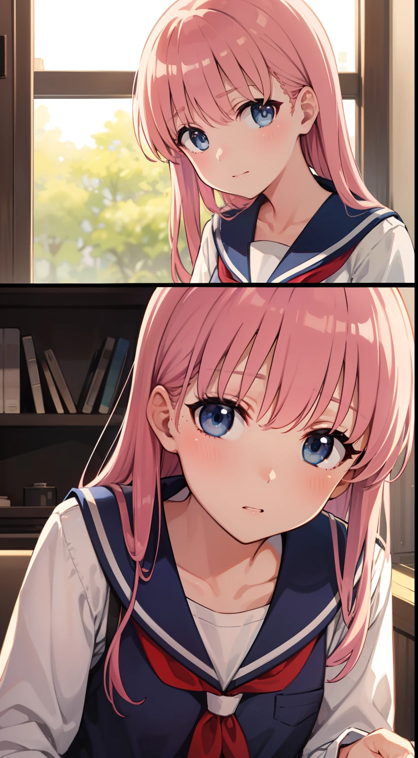 nodokaharamura, Nodoka Haramura, Blue eyes, Hair Bow, Long hair, Pink hair, Bow,
Blake Blue Skirt, Kiyosumi school uniform, Pleated skirt, School uniform, serafuku, Skirt,
BREAK looking at viewer,
Break indoors, crass room,
BREAK (masutepiece:1.2), Best Quality, High resolution, Unity 8k壁纸, (Illustration:0.8), (Beautiful detailed eyes:1.6), extra detailed face, Perfect Lighting, extremely details CG, (Perfect hands, Perfect Anatomy),