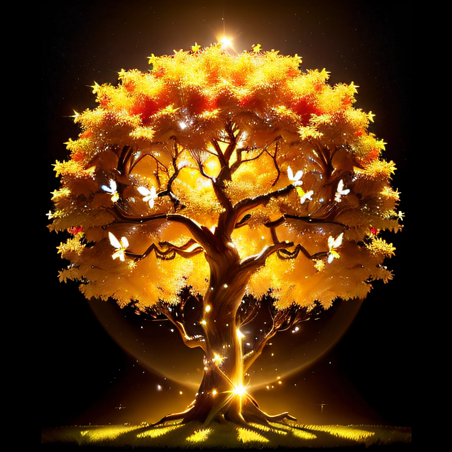 (best quality,16k,highres,ultra-detailed,masterpiece:1.2),golden glow, magical wonder tree, white butterflies, afternoon, golden apples nestled among the leaves, golden particles in the air, high resolution, enchanting scenery, serene atmosphere, vibrant colors, dreamlike landscape, ethereal beauty, shimmering light