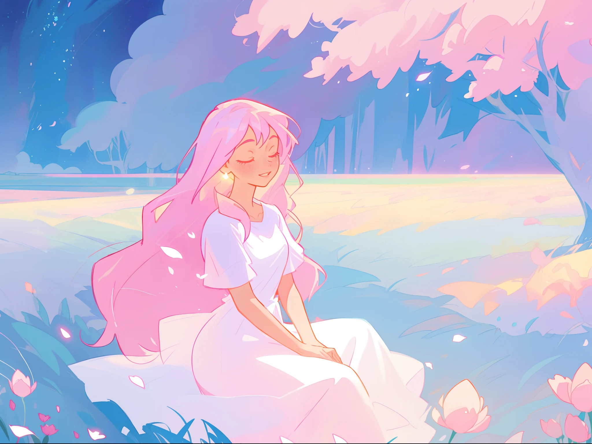 beautiful girl in white dress, fairy dress, beautiful girl sitting in a field with pink red flowers, glowing lights, whimsical landscape, long pink flowing hair, watercolor illustration, inspired by Glen Keane, inspired by Lois van Baarle, disney art style, by Lois van Baarle, glowing aura around her, by Glen Keane, jen bartel, glowing lights! digital painting, flowing glowing hair, glowing flowing hair, beautiful digital illustration, fantasia otherworldly landscape plants flowers, beautiful, masterpiece, best quality, anime disney style