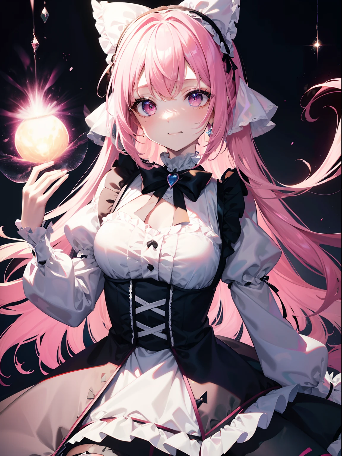 (masutepiece, Best Quality, Ultra High Resolution),1girl in,Pink ruffles, Ruffled dress, gothic dress,Twin-tailed,Bags under the eyes, a smile,pale skin,beautiful and detailed face, Detailed eyes,(White theme),frilld,Holding a black cat,bow ribbon,Transparency,fluorescent,Sparkling eyes,Pink Neon Tube,DISCO,Seven colors