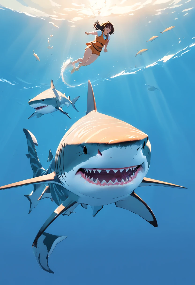 Tiger shark,, vectorial, Quad view,white backgrounid
