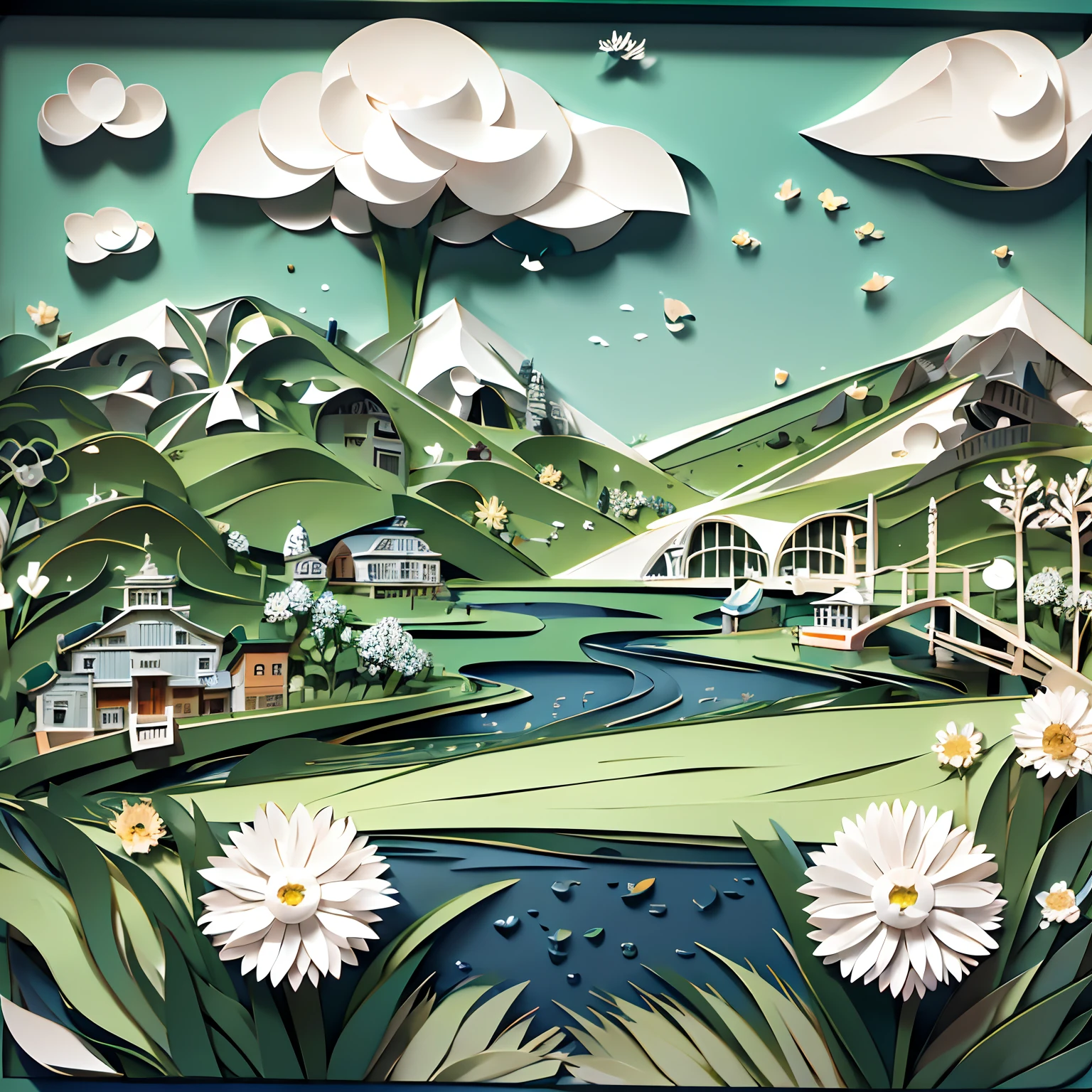 PAPERCUT, quay, Sea, grassy fields, Flowers