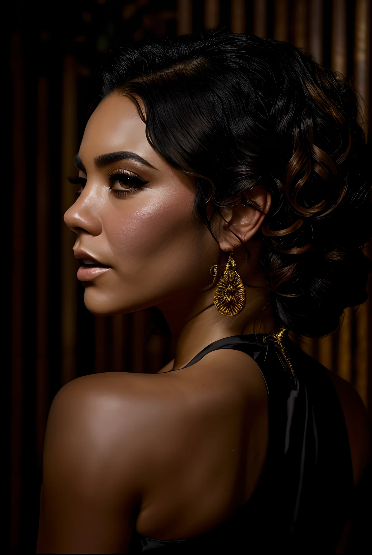 high detail, masterpiece, hyperrealistic, photograph of Vanessa Hudgens, cleft chin, wearing a black silk dress, cinematic lighting, a rustic bar, tropical plants, dark brown wavy hair, light tan, sweat,