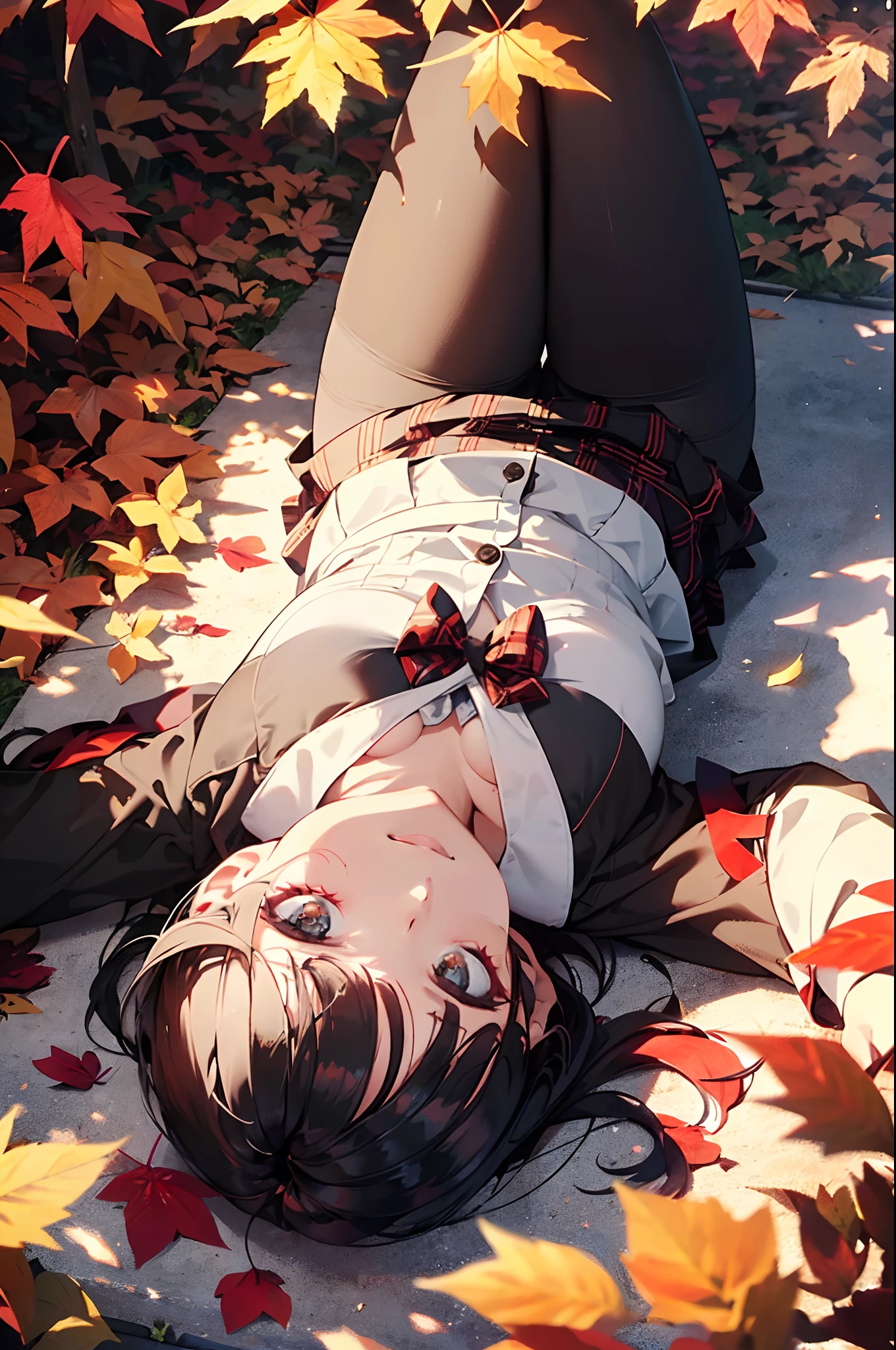 (Official art、Best Quality、Unity 8k Wallpapers、32K、masterpiece、ultra-detailliert、超A high resolution、realisitic、Photorealsitic:1.2)、(Cinematic lighting:1.2)、Fireglow effect、film grains、Best Shadows、Rim lighting、side lights、(Ultra-detailed and complex 3D rendering)、Sharp pupils、Realistic pupils、cowboy shot, Highly detailed background、beauitful face、blurry backround、a beauty girl、(super detailed skin、detailed skin textures:1.3)、Close-up of a statue in a field of red leaves, covered with fallen leaves, Red leaves on the ground, Autumn garden, Beautiful Autumn Spirits, covered with leaves, aomori japan, Cute, in autumn, red leaves, in japanese garden, in autumn, during autumn, autum, traditional japanese colors, japan nature、(From above、Lie down:1.3)、(outside of house、thighs thighs thighs thighs)、blazers、The shirt、Plaid bow tie、Plaid pleated mini skirt、 beautiful girl、Beautiful black hair、Blunt bangs、eyes are brown、Embarrassing、looking happy smile、