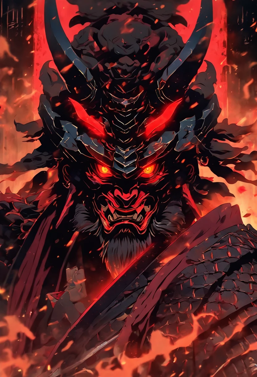 Demons with red glowing eyes,Wear ancient Japanese shogun armor,The helmet stands in a combat stance,Prepare to pull out the blade