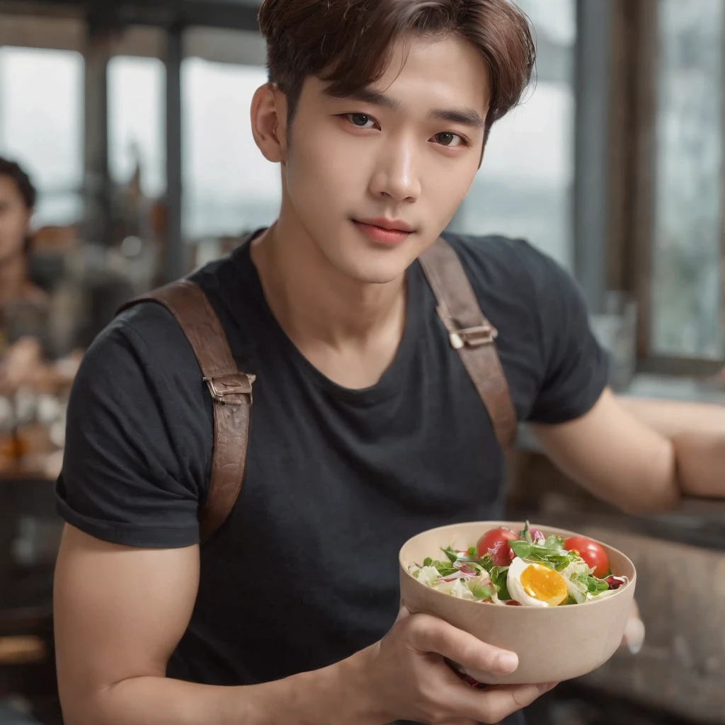 Cinematic soft lighting、Illuminates ultra-realistic handsome healthy k-pop male models is eating a yummy box of salad with stunning details，Wear only one vest，Full body photo of the front，handsome appearance，Messy short brown hair，Clear honey eyes，Charming perfect smile，Raised sexy，Hotman，Insanely handsome，Here is the trend of art stations。Octane、It's the perfect tool to capture the softest details of this 16k photography masterpiece。