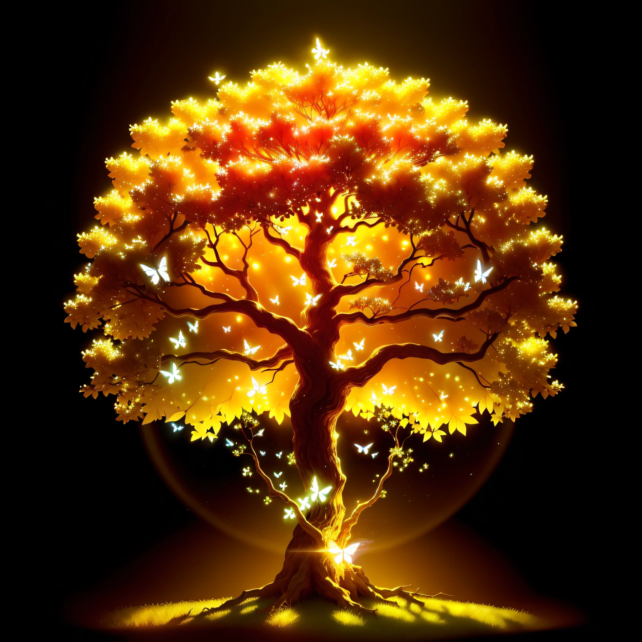 Magical wonder tree that glows in a golden glow. white butterflies, Afternoon. Golden apples are among the leaves. Golden particle in the air. 16k. High resolution