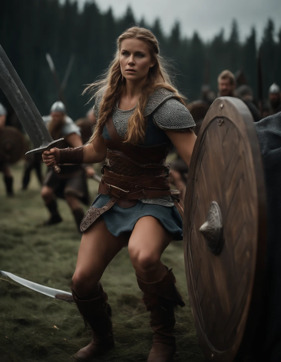 8k, best quality, master part, Ultra high resolution, (realismo: 1.4), foto original, realistic (filmic grain: 1.3), (A young viking woman fighting bravely against the viking guards, her sword flashing in the moonlight.) (highly detailed background viking warriors), highly detailed fight (highly detailed skin), (detailed face), complex details