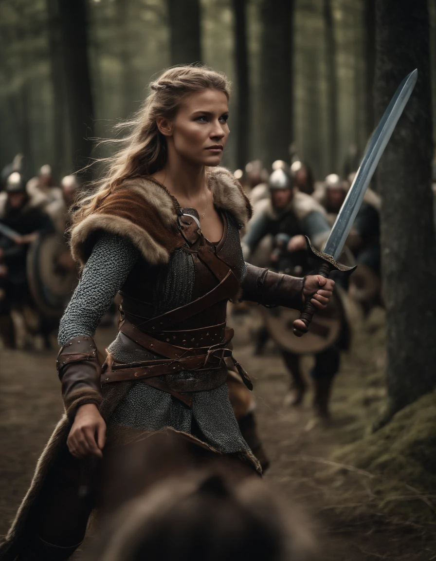 8k, best quality, master part, Ultra high resolution, (realismo: 1.4), foto original, realistic (filmic grain: 1.3), (A young viking woman fighting bravely against the viking guards, her sword flashing in the moonlight.) (highly detailed background viking warriors), highly detailed fight (highly detailed skin), (detailed face), complex details