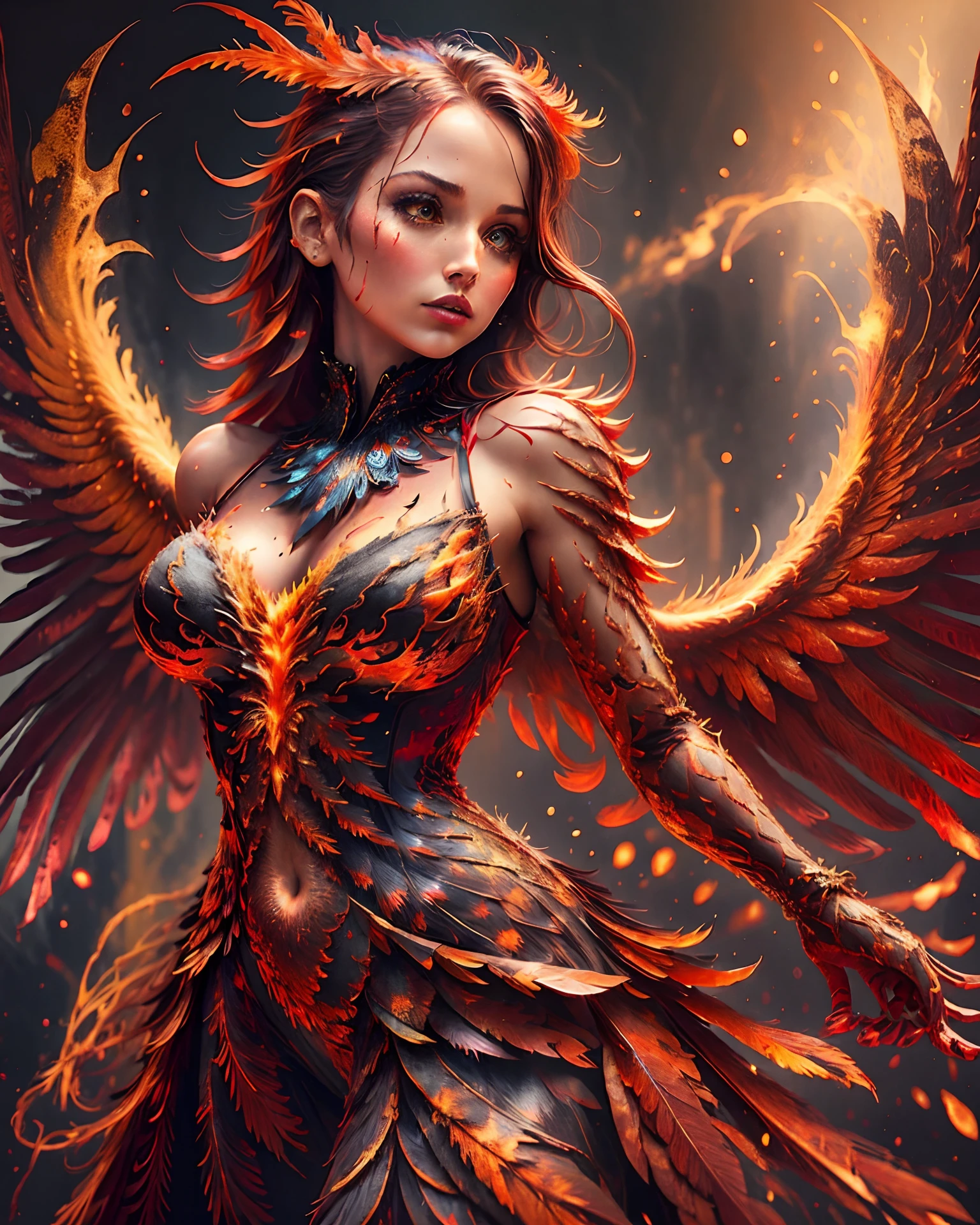 Detailed portrait of (phoenix) woman, woman, Feathers, skin dentation, navel, red and black, fire, fantasy, bird woman, masterpiece, best quality, dynamic pose, fire red dress, wings, intricate details, intricate