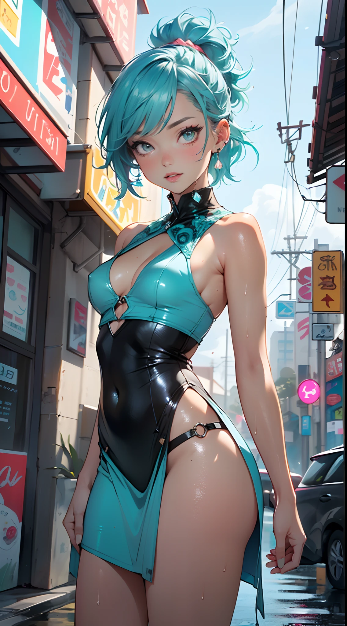 cute little loli,(((little loli,small tiny body,petite,chibi))),(((6 years old))),((little loli with extremely cute and beautiful aqua hair)),(baby face),(round face),

(((flat chest))),(((aqua hair:1.5,long aqua hair,ponytail,colored inner hair,ear breathing,))),((heterochromia:1.5, (aqua_eye and yellow_eye))),intricate eyes,beautiful detailed eyes,symmetrical eyes,big eyes:1.5,(((lustrous skin:1.5,bright skin: 1.5,skin tanned,shiny skin,very shiny skin,shiny body,plastic glitter skin,exaggerated shiny skin,illuminated skin,wet legs))),(detailed body,(detailed face)),

cute,slutty,erotic,((nsfw)),

zettai ryouiki,(revealing clothing,show skin),((sideboob)),(barefoot,),(((breast curtain,low rise mini skirt,high cut thong))),((colorful clothes, clothes in neon colors)),((wet clothes,intricate outfit,intricate clothes)),

(dynamic pose:1.0),solo focus,embarrassed,(centered,scale to fit dimensions,Rule of thirds),

cyberpunk city by the ocean at night, with bright neon signs and dark stormy clouds and puddles, scenery:1.25,

artistic photography,(photography taken by sldr),highres, sharp focus, (ultra detailed, extremely detailed), (photorealistic artwork:1.37),(extremely detailed CG unity 8k wallpaper),((synthwave background theme)),(((vibrant colors))),(intricate background),(masterpiece),(best quality),