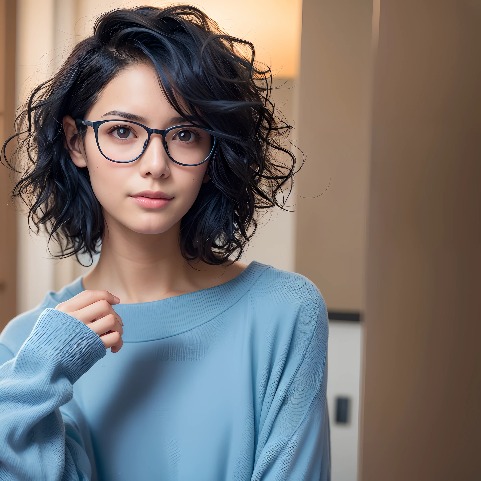 Close up portrait of woman in glasses and sweater, Girl with glasses, wavy long black hair and glasses, wearing thin large round glasses, girl wearing round glasses, wearing small round glasses, with glasses, with square glasses, Attractive woman, Haircut in the middle part of curly hair, nerdy appearance, in square-rimmed glasses, Wearing square glasses, with glasses on, wearing round glasses、lightblue hair、Light blue shirt