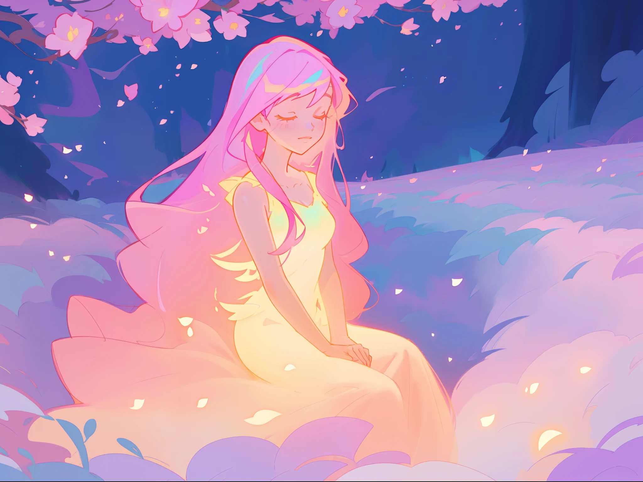 beautiful girl in gradient colorful dress, yellow pink purple fairy dress, beautiful girl sitting in a field with pink red flowers, puffy pink flowers, glowing lights, whimsical landscape, long dark blue flowing hair, watercolor illustration, inspired by Glen Keane, inspired by Lois van Baarle, disney art style, by Lois van Baarle, glowing aura around her, by Glen Keane, jen bartel, glowing lights! digital painting, flowing glowing hair, glowing flowing hair, beautiful digital illustration, fantasia otherworldly landscape plants flowers, beautiful, masterpiece, best quality, anime disney style
