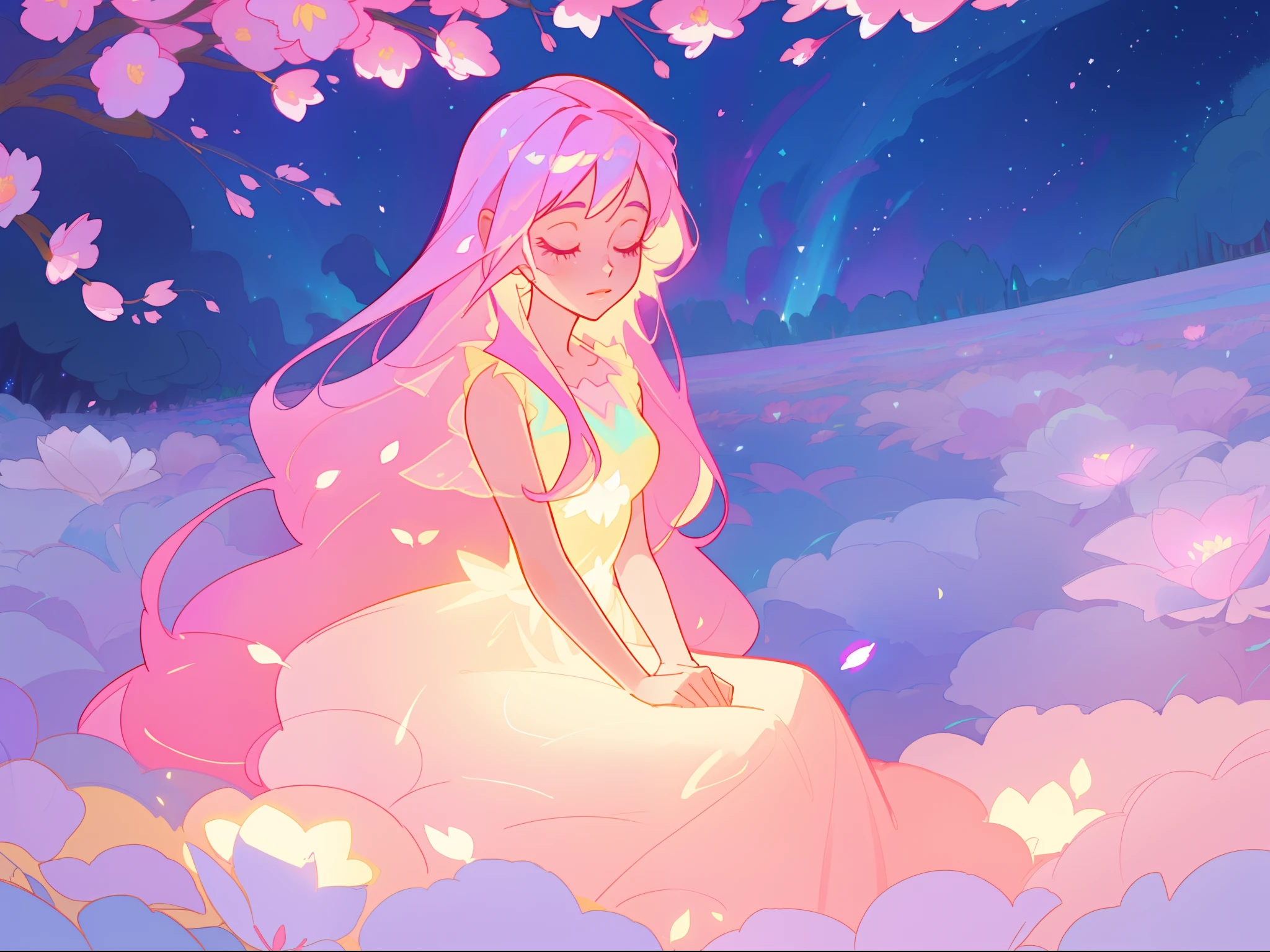 beautiful girl in gradient colorful dress, yellow pink purple fairy dress, beautiful girl sitting in a field with pink red flowers, puffy pink flowers, glowing lights, whimsical landscape, long dark blue flowing hair, watercolor illustration, inspired by Glen Keane, inspired by Lois van Baarle, disney art style, by Lois van Baarle, glowing aura around her, by Glen Keane, jen bartel, glowing lights! digital painting, flowing glowing hair, glowing flowing hair, beautiful digital illustration, fantasia otherworldly landscape plants flowers, beautiful, masterpiece, best quality, anime disney style