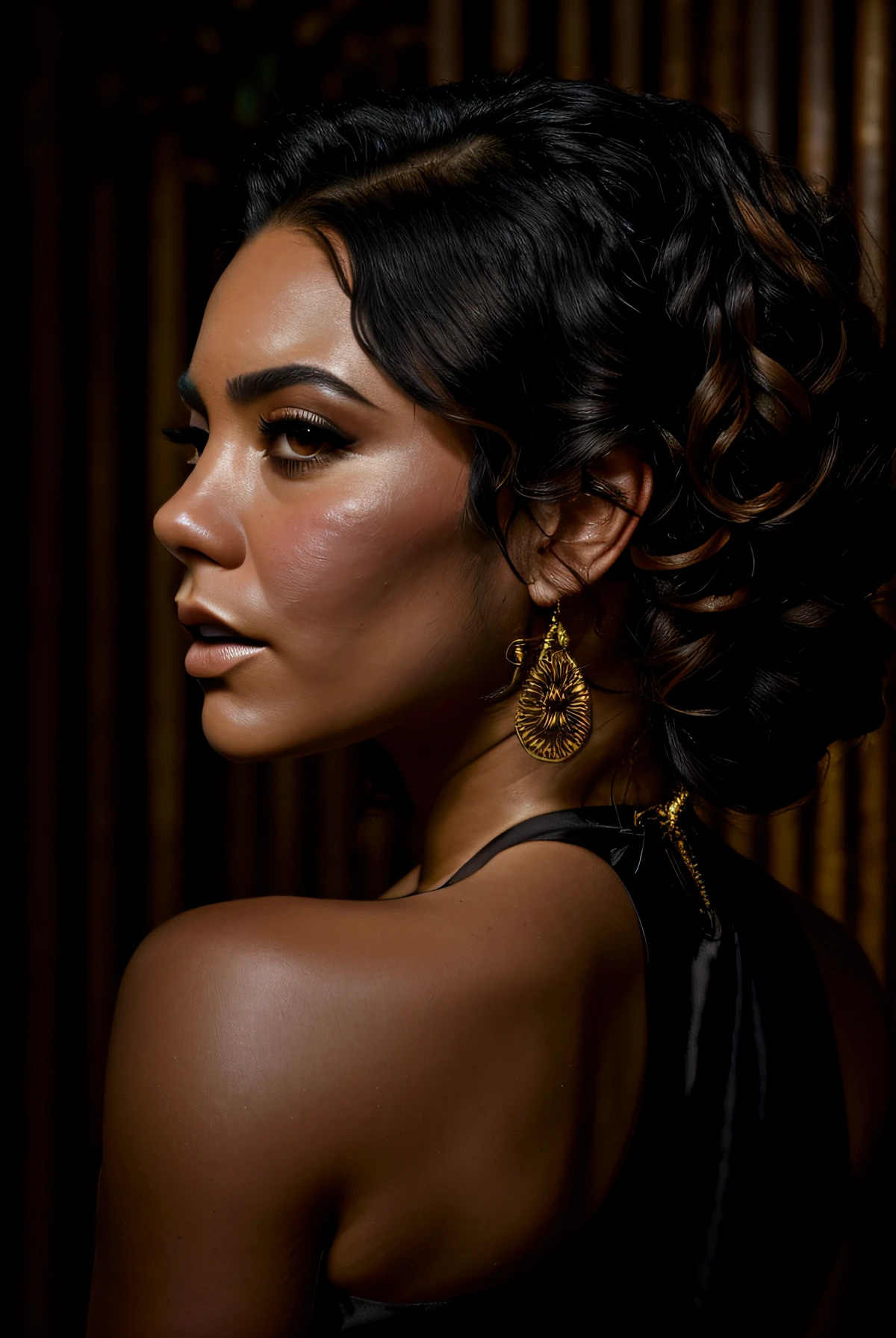 high detail, masterpiece, hyperrealistic, photograph of Vanessa Hudgens, cleft chin, wearing a black silk dress, cinematic lighting, a rustic bar, tropical plants, dark brown wavy hair, light tan, sweat,