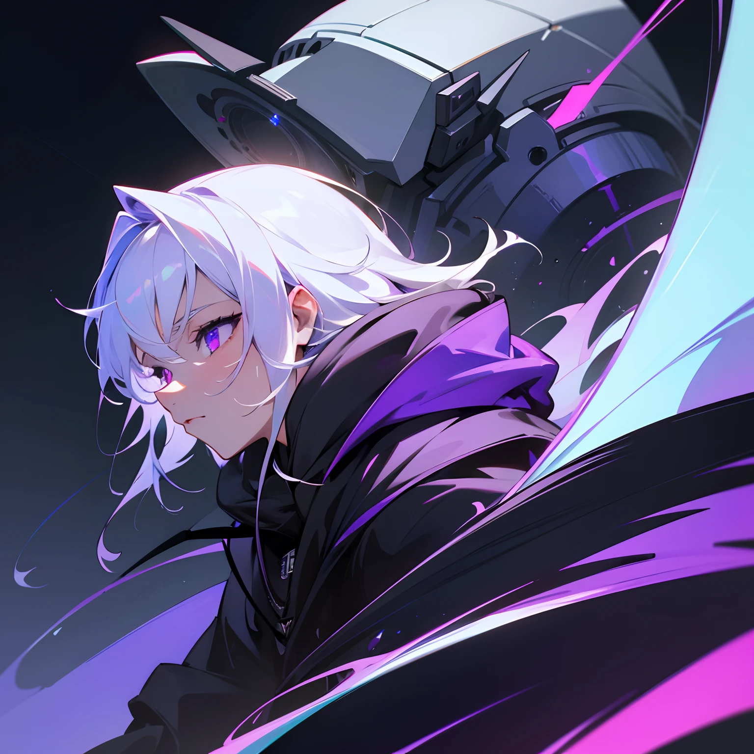 (masterpiece), best quality, expressive eyes, perfect face, ultra hd, super high definition, super high quality, no imperfections, pinnacle of all art, mind boggling, hyper detailed, super detailed, super splendid, super perfect, hyper perfect, very detailed, very eye pleasing, 8k super resolution, very brilliant art

1male with white hair purple glowing radiant eyes close up side view , wearing black hoodie, background , futuristic night city color theme black and purple