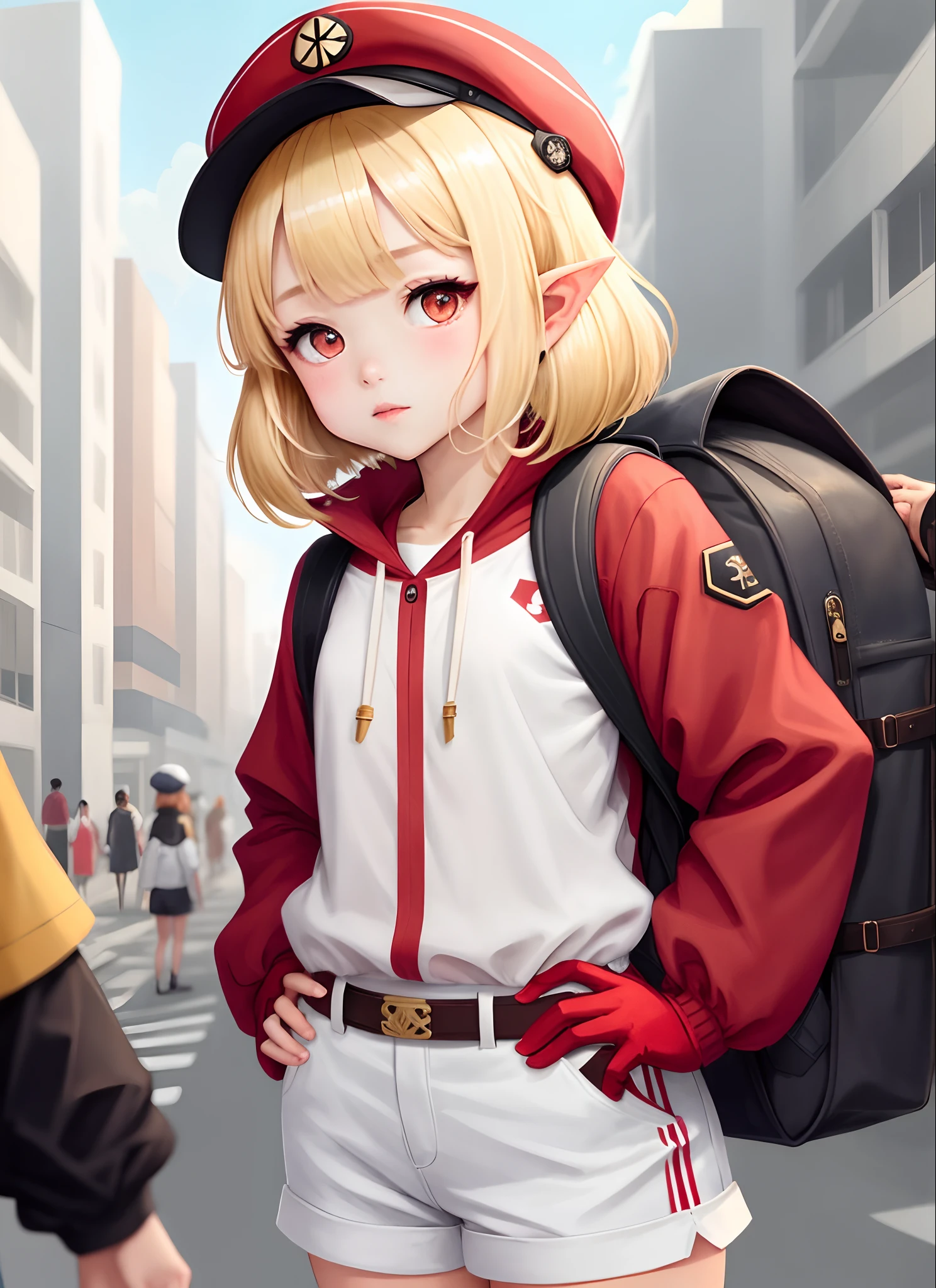 klee,genshin impact,blond hair,low twintail,red eyes,cabbie hat,white shorts,long sleeves,pointy ears,red dress,backpack,red headwear,brown gloves, upper body, Girls' Front, focus on eyes, hand on hip, chibi, 1 girl, child, very short hair, parted bangs, flat chest best quality,