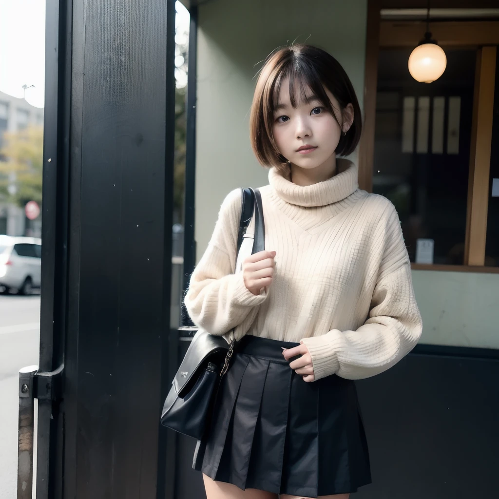 hi-school girl、校服、autumnal、long-sleeve、muffler、kou、a miniskirt、short-hair、Student Bag、Coming to school、bus stop、Pupils、