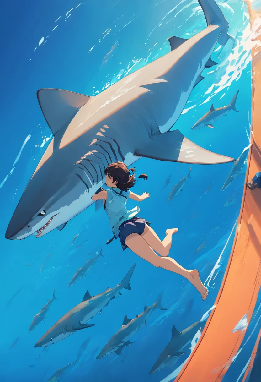 Tiger shark, vectorial, Quad view,Blue background image