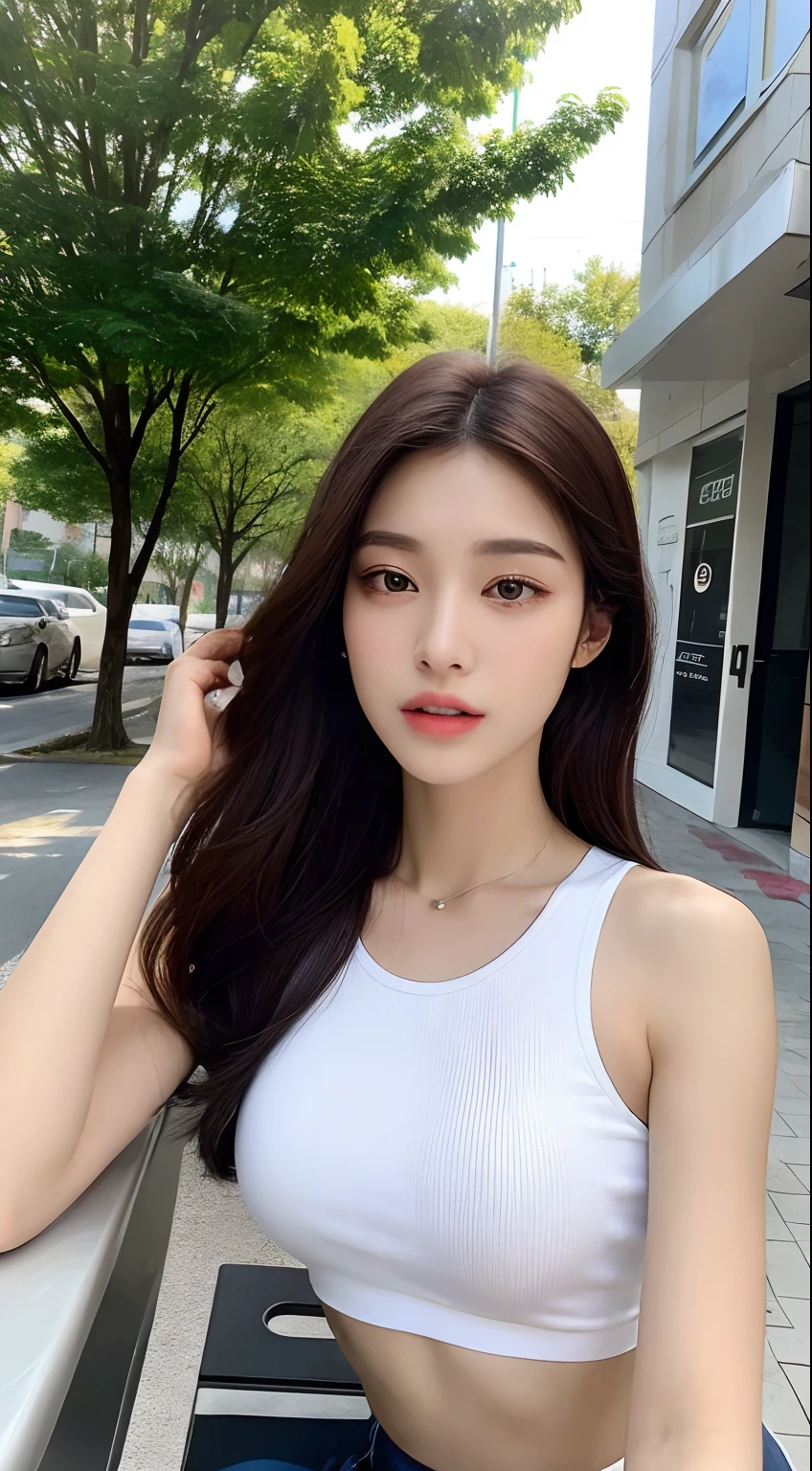 ((Realistic lighting, Top quality, 8K, Masterpiece: 1.3)), Clear focus: 1.2, 1 girl, Perfect figure: 1.4, Slim abs: 1.1, ((Dark brown hair)), (White crop top: 1.4), (En plein air, Night: 1.1), beauty salon, ultra-slender face, Narrow eyes, Double eyelids, chair, Sitting