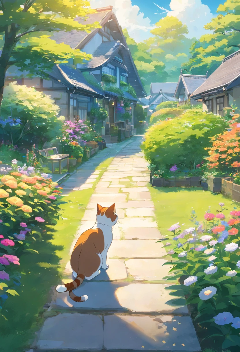 Scottish folding cat, adolable, trpical garden, lakeside, There are houses in the distance.