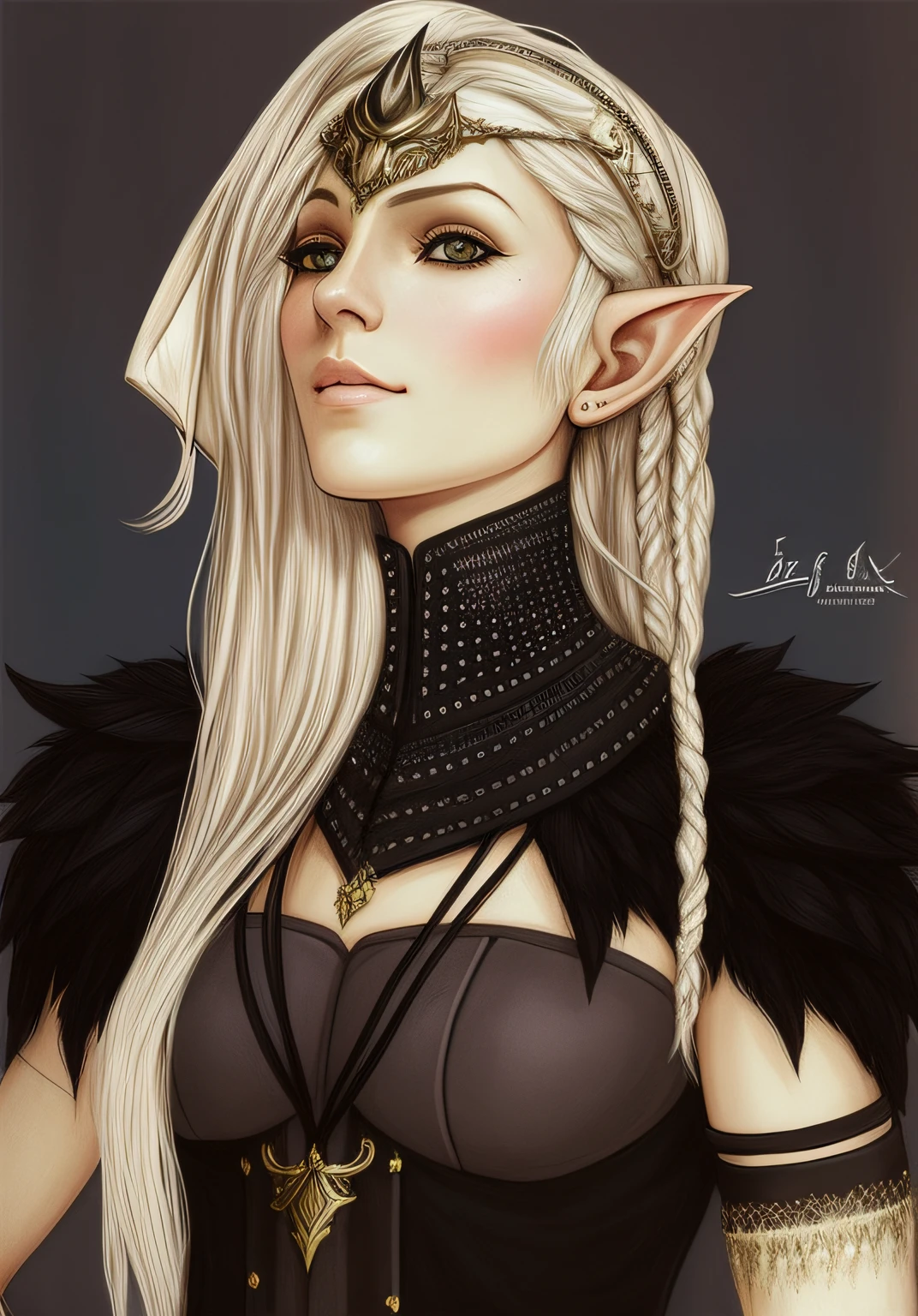 A drawing of a woman with a horned hat and a necklace, bela condessa elfa escura, retrato de fantasia fosco detalhado, Elfo ?????, design de personagens de fantasia sombria, Donzela elfa negra, female drow elf, Retrato de uma rainha elfa, de um elfo de anel elden, princesa elfo escuro, Elfo Feminino, Mulher meio elfa, Retrato de um elfo, Um retrato de um elfo