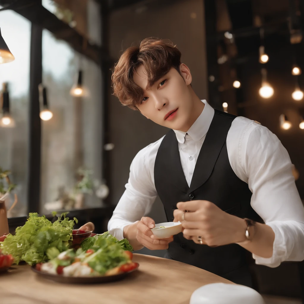 Cinematic soft lighting、Illuminates ultra-realistic handsome healthy k-pop male models is eating a yummy box of salad with stunning details,Wear only one vest,Full body photo of the front,handsome appearance,Messy short brown hair,Clear honey eyes,Charming perfect smile,k pop star,Insanely handsome,Here is the trend of art stations。Octane、It's the perfect tool to capture the softest details of this 16k photography masterpiece。