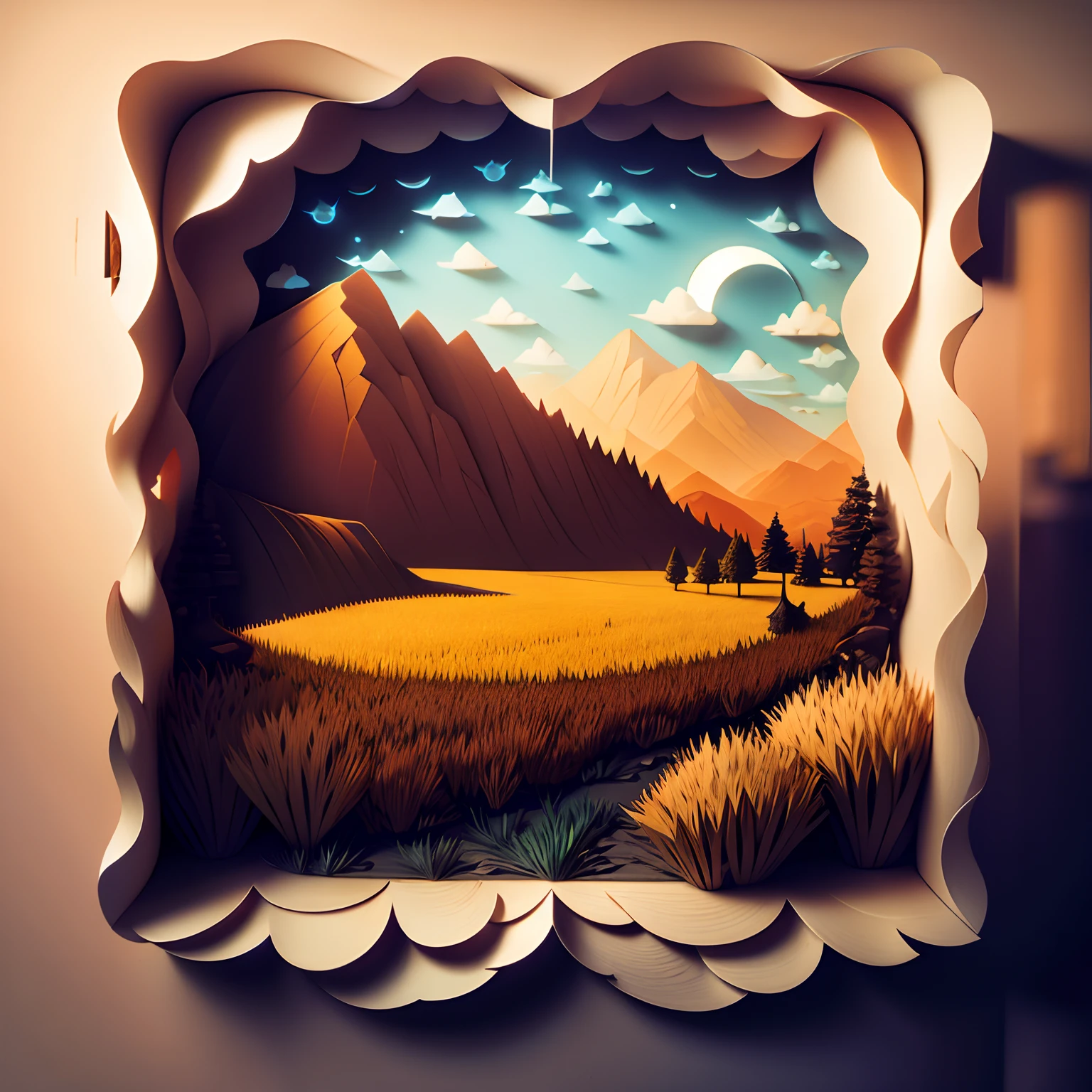 sandbox：1.4），Movie Angle，（suns，baiyun，mountain ranges，ln the forest，rios），（paper art，Quilted paper art，geomerty），（plethora of colors，Best quality，high detal，tmasterpiece，Cinematic lighting effects，4K，Chiaroscuro）