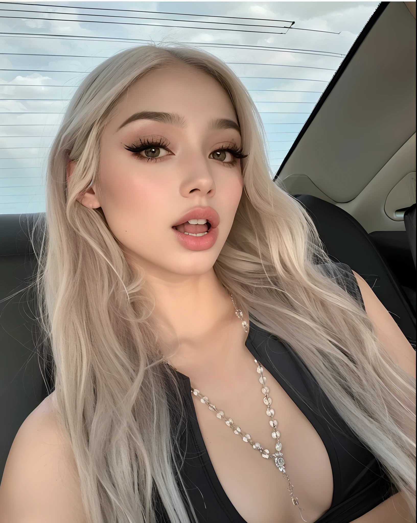 um Close up de uma mulher com longos cabelos loiros e um top preto, ava max, Retrato de Kim Petras, cara Ahegao, linda Delphine, Ahegao, menina perfeita de cabelos brancos, com longos cabelos brancos, Cl, com cabelos longos brancos, 18 anos, Gato Doja, longos cabelos loiros e olhos grandes, menina com cabelo branco