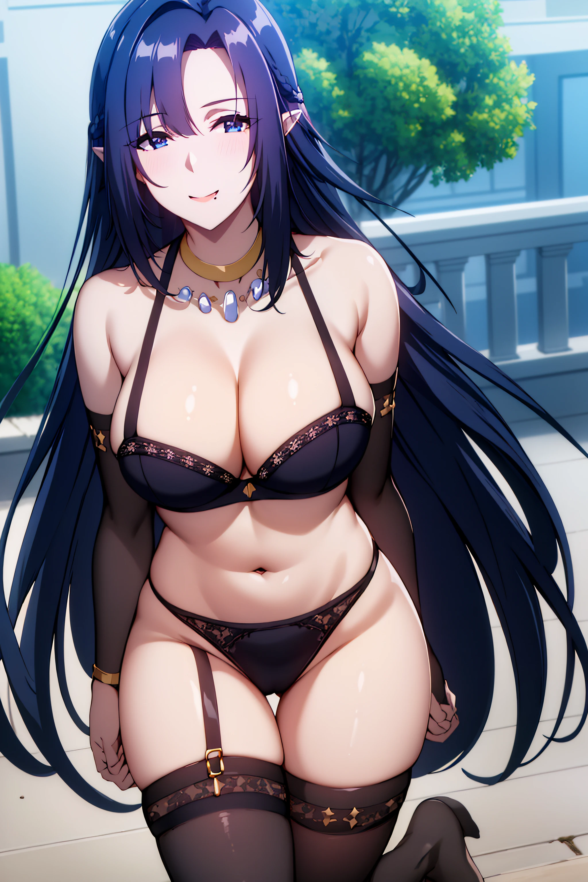 masterpiece, best quality, highres, best quality, highres,1girl, pointy ears,necklace,Gem,Dark Blue hair,Dark Blue Eyes, Bangs, strong pose,seductive smile,bare shoulders, barefoot, cleavage, collarbone,lace,Black lingerie,navel,white panties, see-through,thighs,Black underwear, garter straps,thighhighs,Black bra,garter belt with Black pantyhose, walking in streets,pose, hand on hip ,modern fashion,NSFW,official art,extremely detailed CG unity 8k wallpaper, perfect lighting, (masterpiece:1.0),(best_quality:1.0), ultra high res,4K,ultra-detailed, photography, 8K, HDR, highres, absurdres:1.2, Kodak portra 400, film grain, blurry background, bokeh:1.2, lens flare, (vibrant_color:1.2),(beautiful_face:1.5),(narrow_waist),(perfect hands, perfect anatomy),