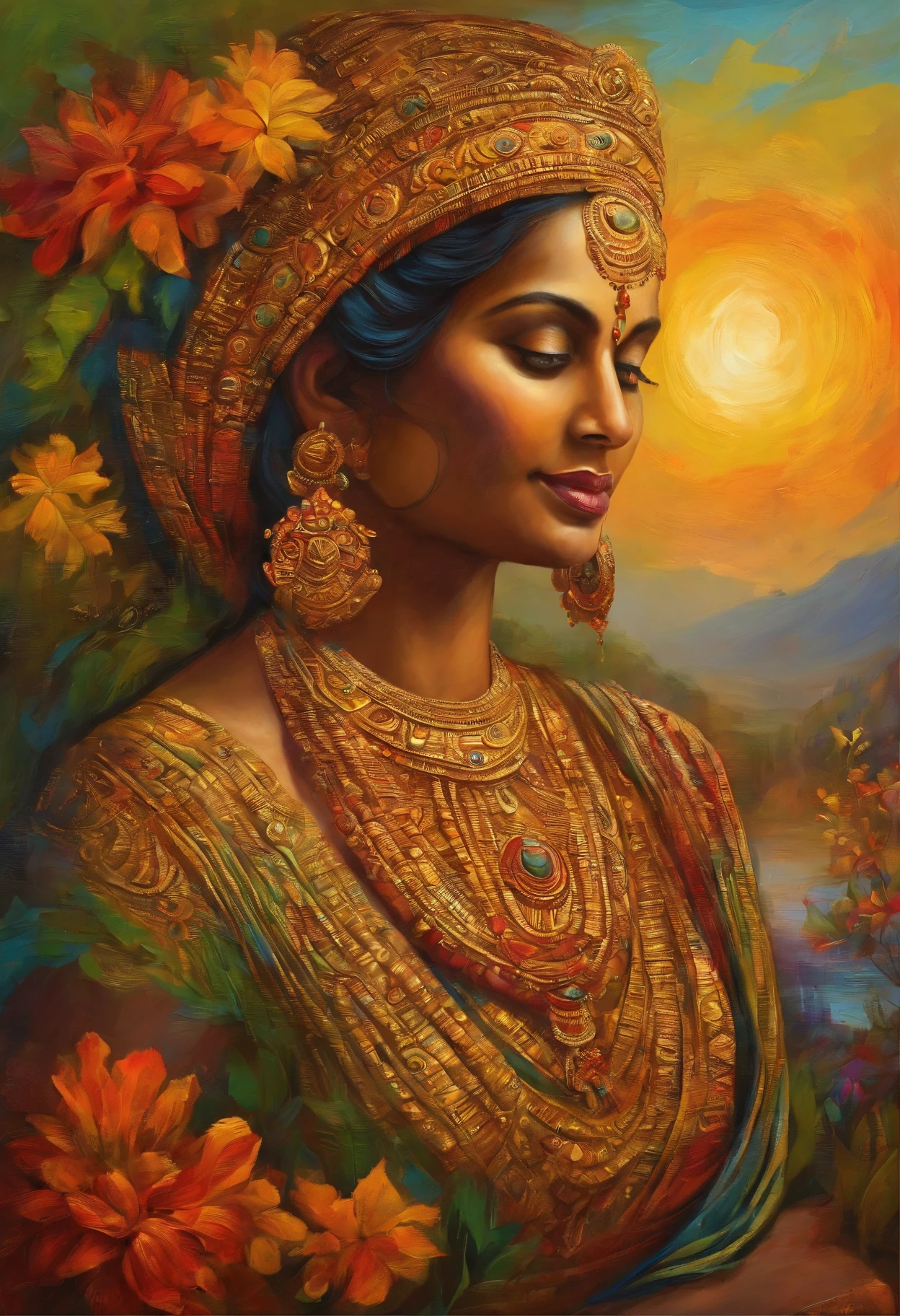 prompt:Generate a breathtaking and award-winning image of a kerala munnar art piece featuring earth goddess in the highest resolution, emphasizing intricate details, vibrant colors, and a sense of devotion, using traditional pigments and lighting techniques for an authentic portrayal, and apply enhancements for an outstanding visual impact, HD quality