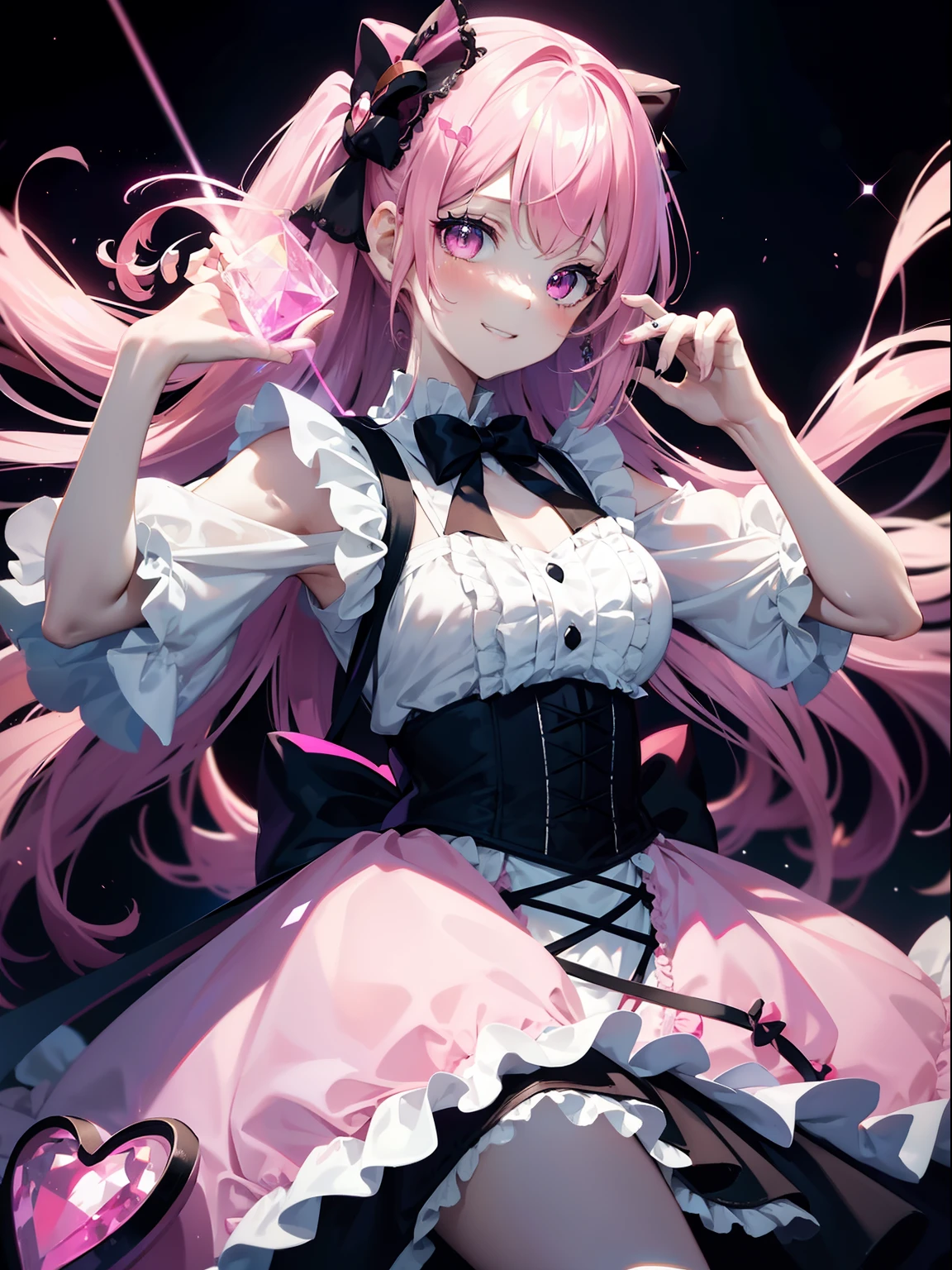 (masutepiece, Best Quality, Ultra High Resolution),1girl in,Pink ruffles, Ruffled dress, gothic dress,Twin-tailed,Bags under the eyes, A smile,pale skin,beautiful and detailed face, Detailed eyes，frilld，Holding a black cat，bow ribbon，Transparency，fluorescent，Sparkling eyes，Pink Neon Tube，disco，Seven colors，A delightful，full bodyesbian，People around，happiness