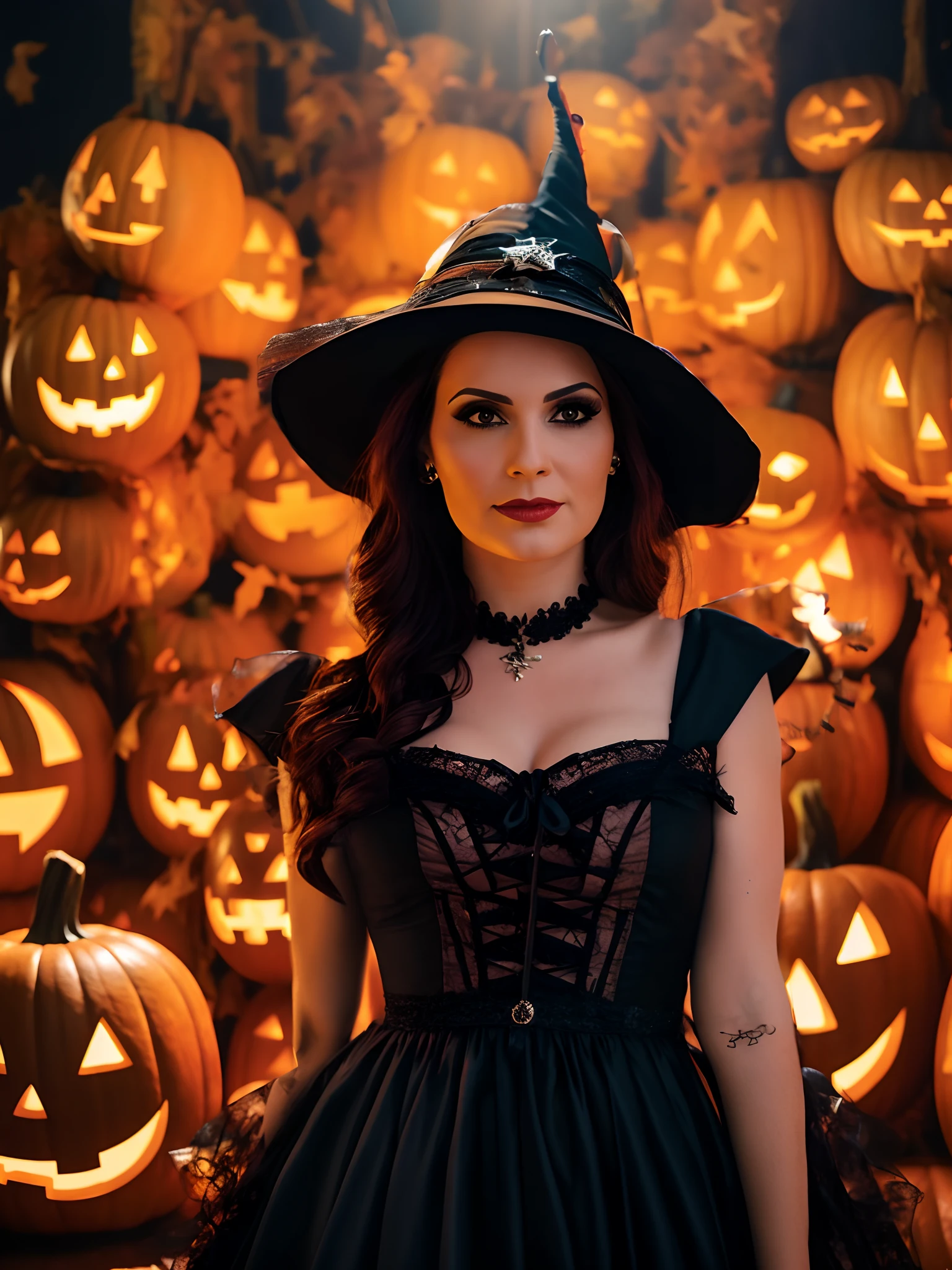 A stunning Halloween costume for a female character, featuring a meticulously crafted full-body ensemble. The costume showcases intricate details, vibrant colors, and an eye-catching design. The character is depicted sitting gracefully, holding a beautifully carved pumpkin lantern that emits a warm and inviting glow. The costume exudes a perfect blend of spooky and enchanting elements.