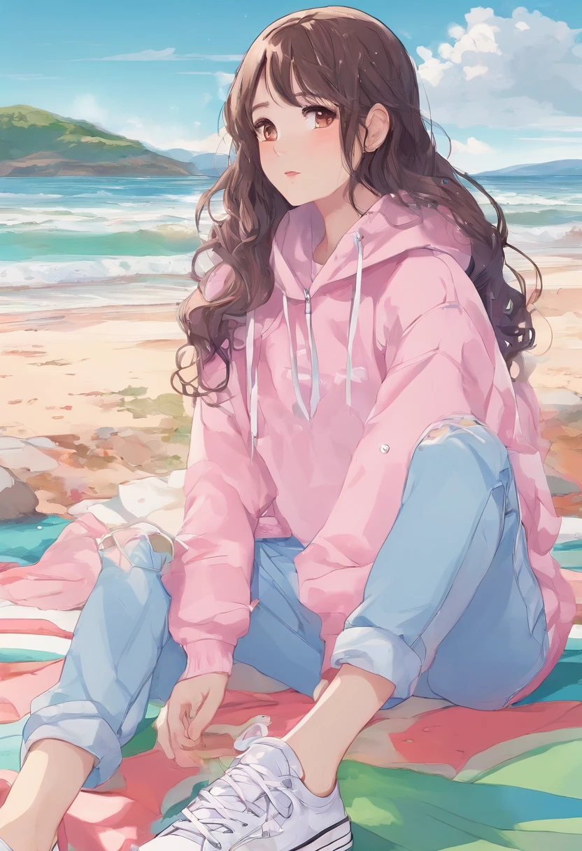 Beach background, brunette hair, pink and white cropped hoodie, ripped light blue jeans, white platform converse, freckles, light skin, green eyes, phone in hand