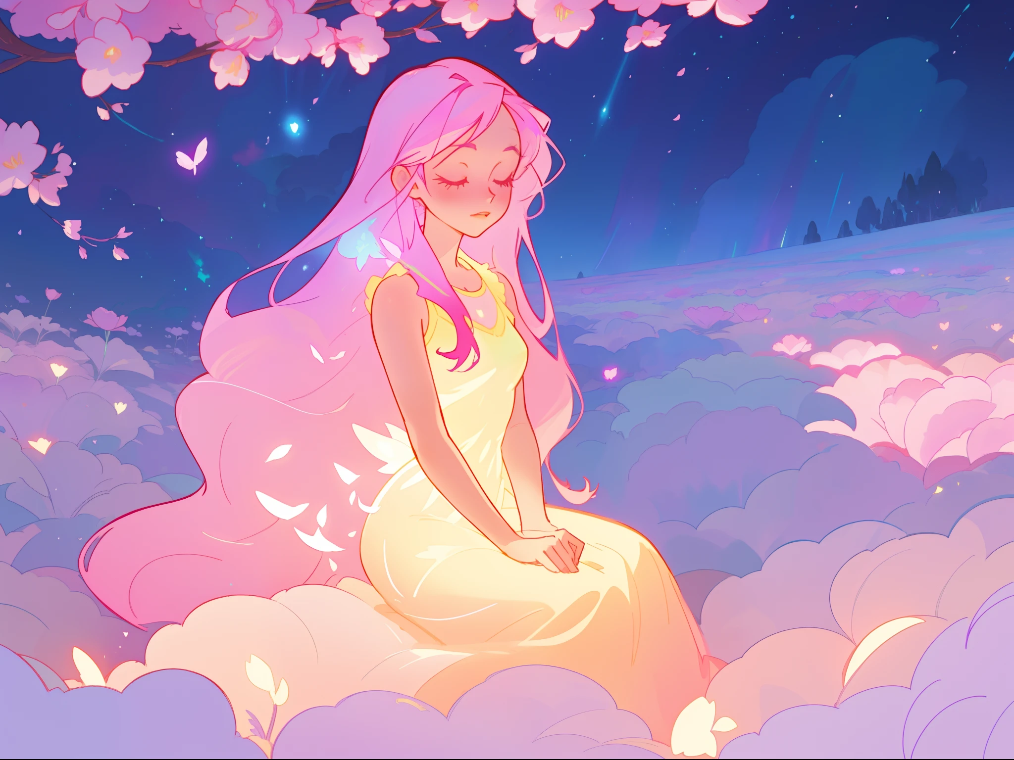 beautiful girl in gradient colorful dress, yellow pink purple fairy dress, beautiful girl sitting in a field with pink red flowers, puffy pink flowers, glowing lights, whimsical landscape, long dark blue flowing hair, watercolor illustration, inspired by Glen Keane, inspired by Lois van Baarle, disney art style, by Lois van Baarle, glowing aura around her, by Glen Keane, jen bartel, glowing lights! digital painting, flowing glowing hair, glowing flowing hair, beautiful digital illustration, fantasia otherworldly landscape plants flowers, beautiful, masterpiece, best quality, anime disney style