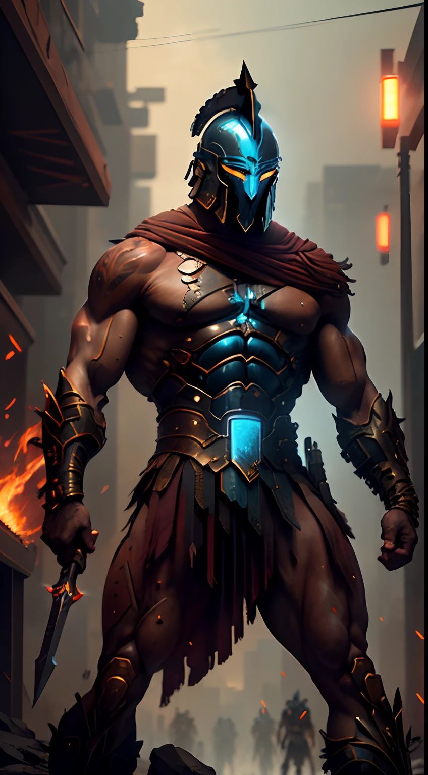 (Ultra resolution 8K), Obra-prima impressionante,Cyberpunk Gladiator as Titan of the Digital Age. Dressed in biomechanical armor of dark and metallic tones, his imposing figure fuses the elegance of ancient Greece with the sophistication of advanced technology.His cybernetic helmet is on fire and frames with a smiling human face mask, em que os olhos brilham com flashes de luz azul. Luminescent circuit lines snake through your skin, And digital tattoos change patterns as they connect to the global network. Their robotic limbs glide with deadly precision, while his modified human body exhibits sculpted musculature and aerodynamics.The warrior wields a sword with a nanotechnology blade, whose advantage adapts to each enemy and situation. Your cyber pulse synchronizes with data streams, allowing you to predict enemy movements with lethal accuracy. Fight in the neon alleys of the megacity, where flashes of holograms and digital advertisements mingle with the sparks of their impacts.This cyberpunk Spartan warrior embodies a unique fusion between ancestral strength and technological innovation. His presence inspires respect and admiration, Reminding everyone that even in the age of machines, The indomitable essence of the warrior continues to burn in his heart of metal and flesh.