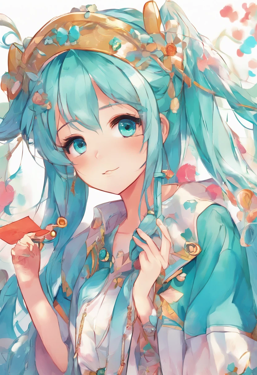 miku hatsune、tiny chest、Big eyes、Blue-haired、Twin-tailed、microphone、White background、Chest illustration、cute little、Shoujo manga style、without background、eyes large、Cute、a smile、piece