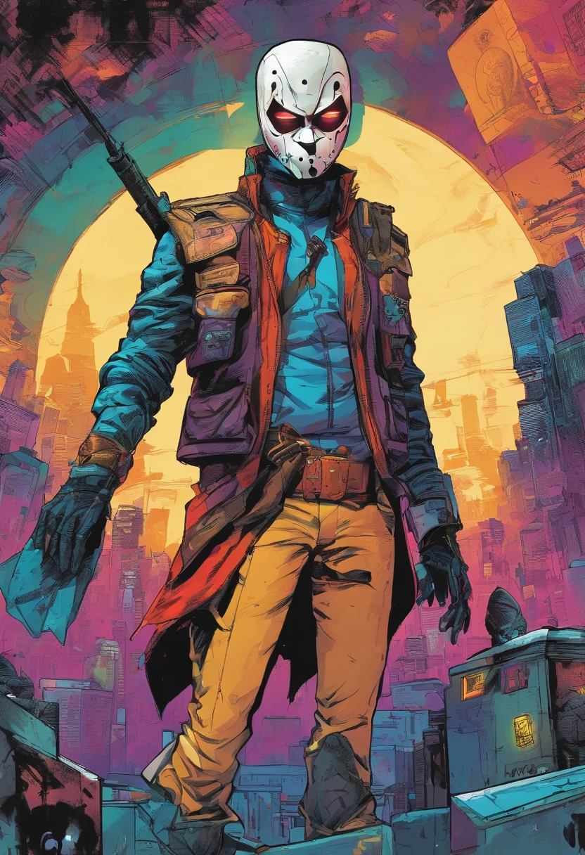 estilo cyberpunk, Hombre futurista con chaqueta blanca, Black pants with pistol holsters, Guantes, A black clown mask with a one-sided filter, casco, sin cara, sale de la niebla