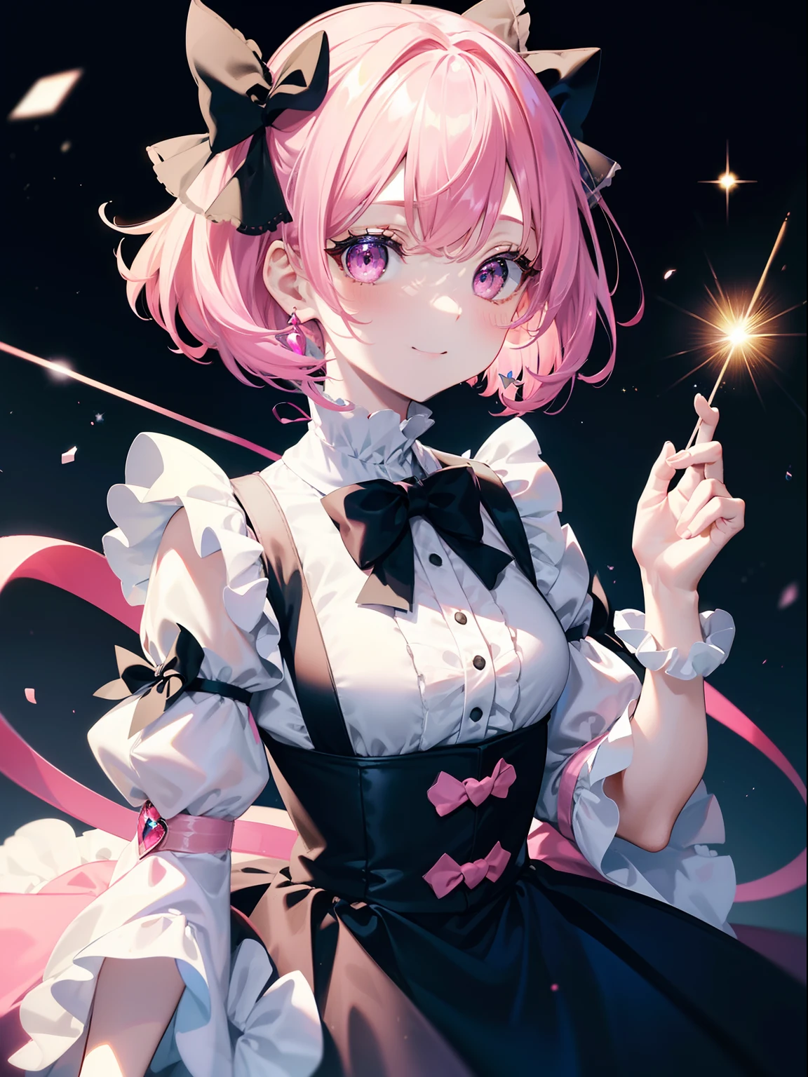 (masutepiece, Best Quality, Ultra High Resolution),1girl in,Pink ruffles, Ruffled dress, gothic dress,Twin-tailed,Bags under the eyes, A smile,pale skin,beautiful and detailed face, Detailed eyes,frilld,Holding a black cat,bow ribbon,Transparency,fluorescent,Sparkling eyes,Pink Neon Tube,disco,Seven colors,A delightful,full bodyesbian,People around,happiness